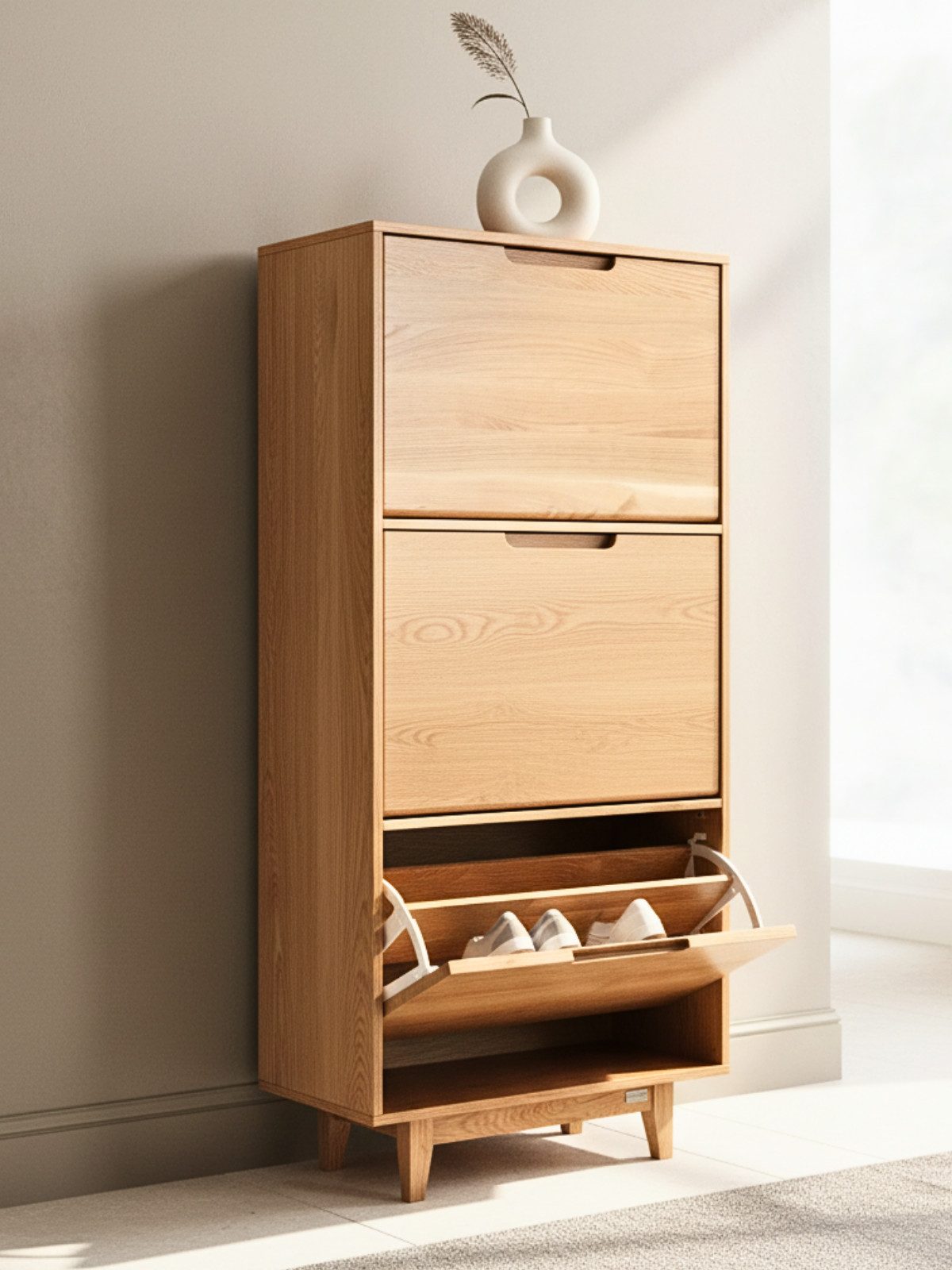 holz4home® Schuhschrank Schuhkipper Massivholz Eiche I 3 Fächer Flurschrank großer Stauraum Gefertigt aus massivem Eichenholz