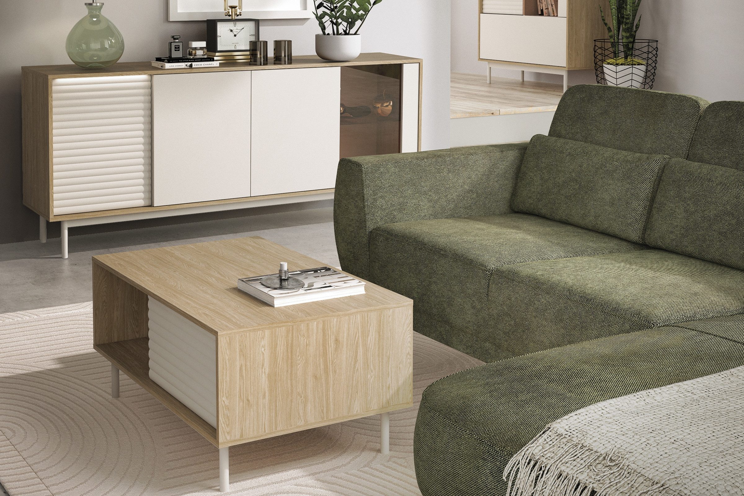 Deine Möbel 24 Kommode TOGY 02 184cm breit mit LED-Beleuchtung (Wohnzimmer-Set, 1 St., Teil einer modernen Wohnzimmermöbel-Kollektion), teilweise Glasfront, integrierte LED-Beleuchtung, geriffelte Fronten