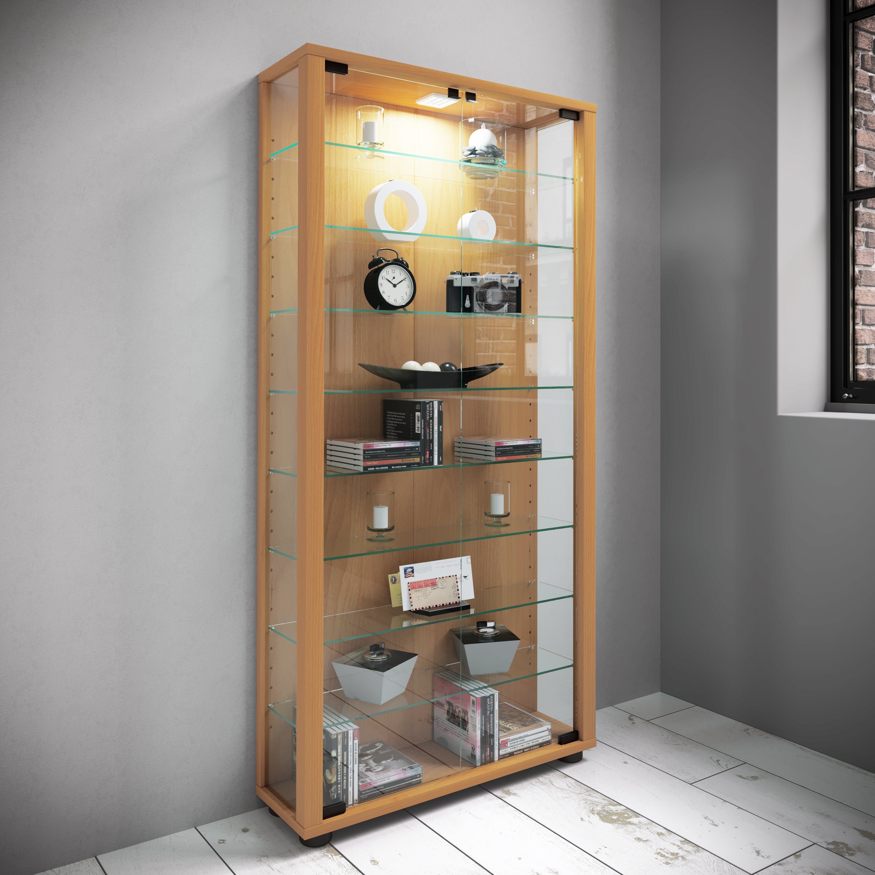 VCM Standvitrine Holz Glas Stand Vitrine Sammelvitrine Lumo Maxi
