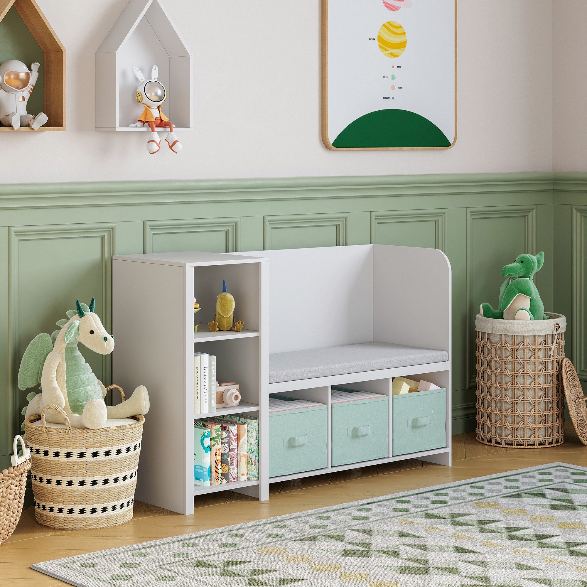 en.casa Sitzbank, mit Regal für Kinder »Høylandet« 76x112x40 cm Weiß/Mintgrün