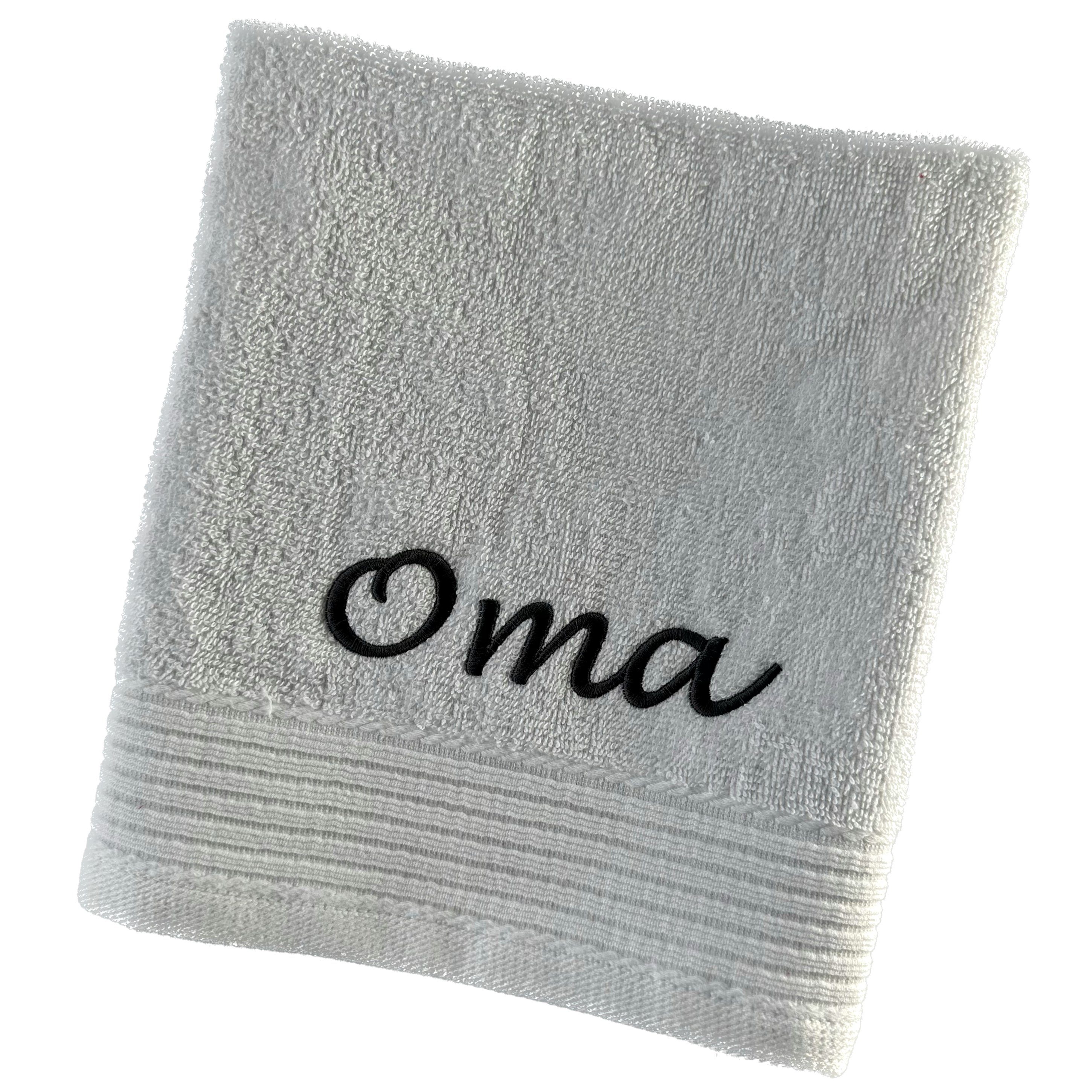 Schnoschi Handtuch Handtuch mit Oma oder Opa bestickt Gästehandtuch Duschtuch Badetuch, hochwertige Bestickung mit Oma oder Opa olivgrün