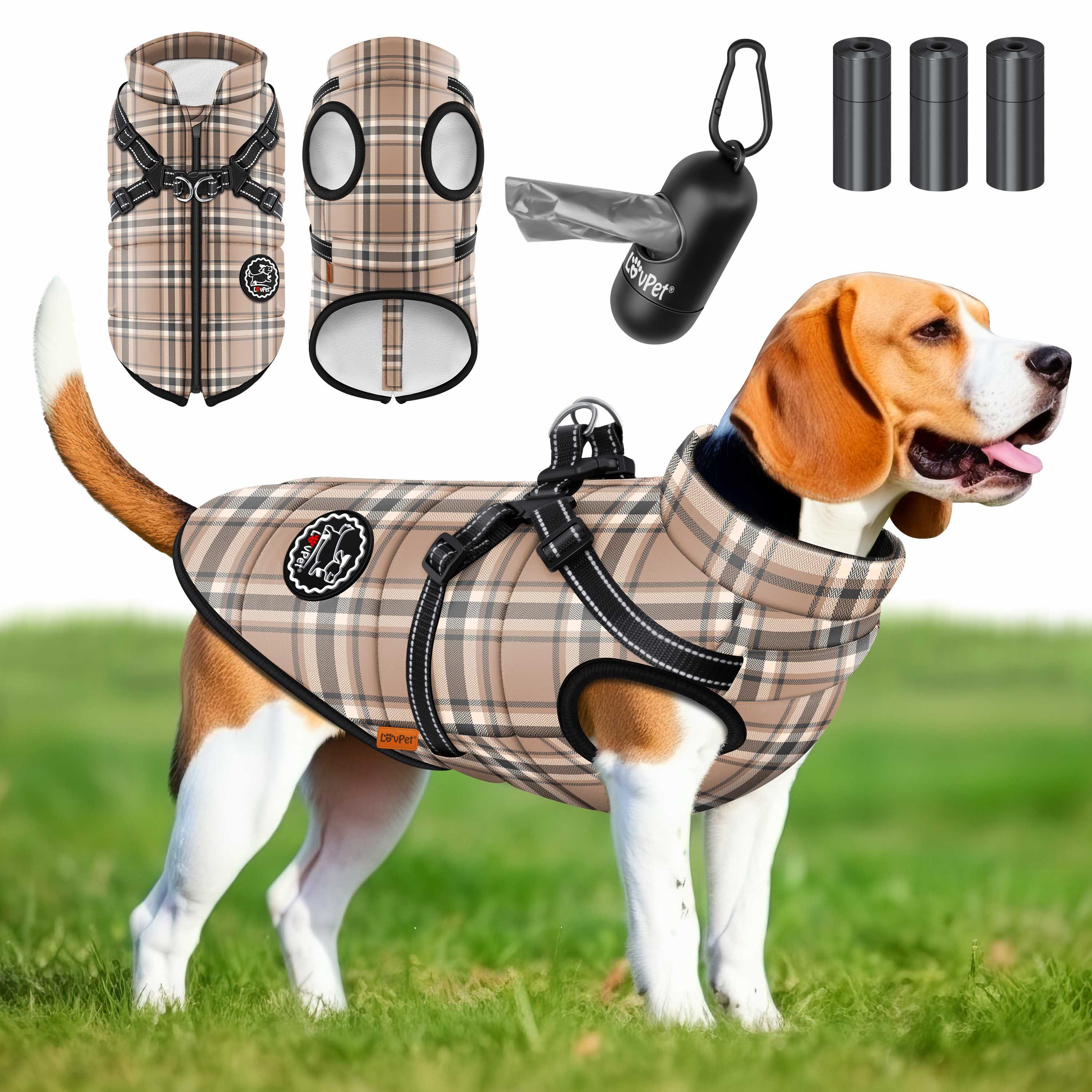 Lovpet Hundejacke, Hundemantel mit Geschirr, inkl. 45 Stück Kotbeutel +Spender