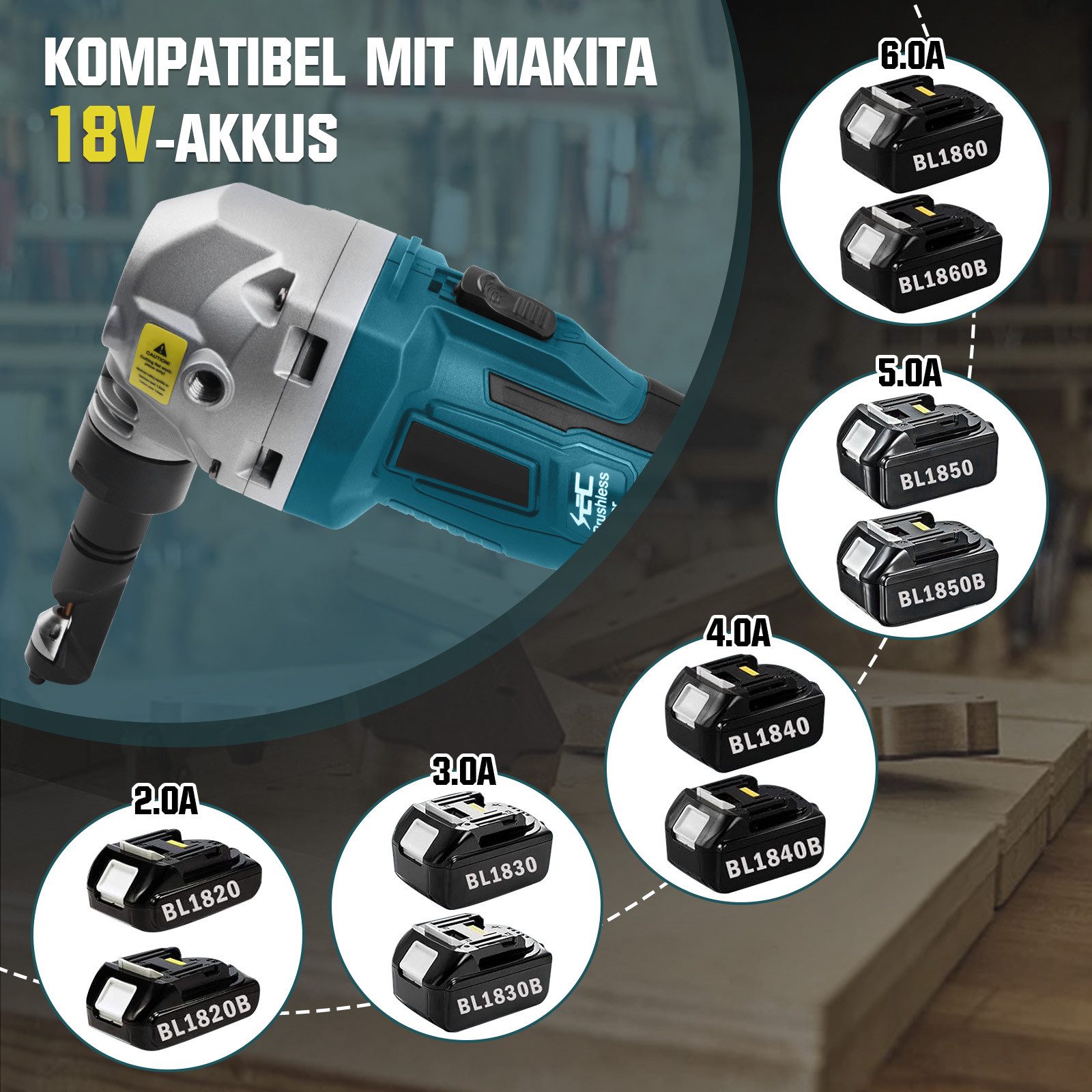 XERSEK Akku-Knabber Blechknabber Kompatibel mit Maikita 18V Akku, 800W 2200 U/min Bürstenlose Blechschere Elektrisch