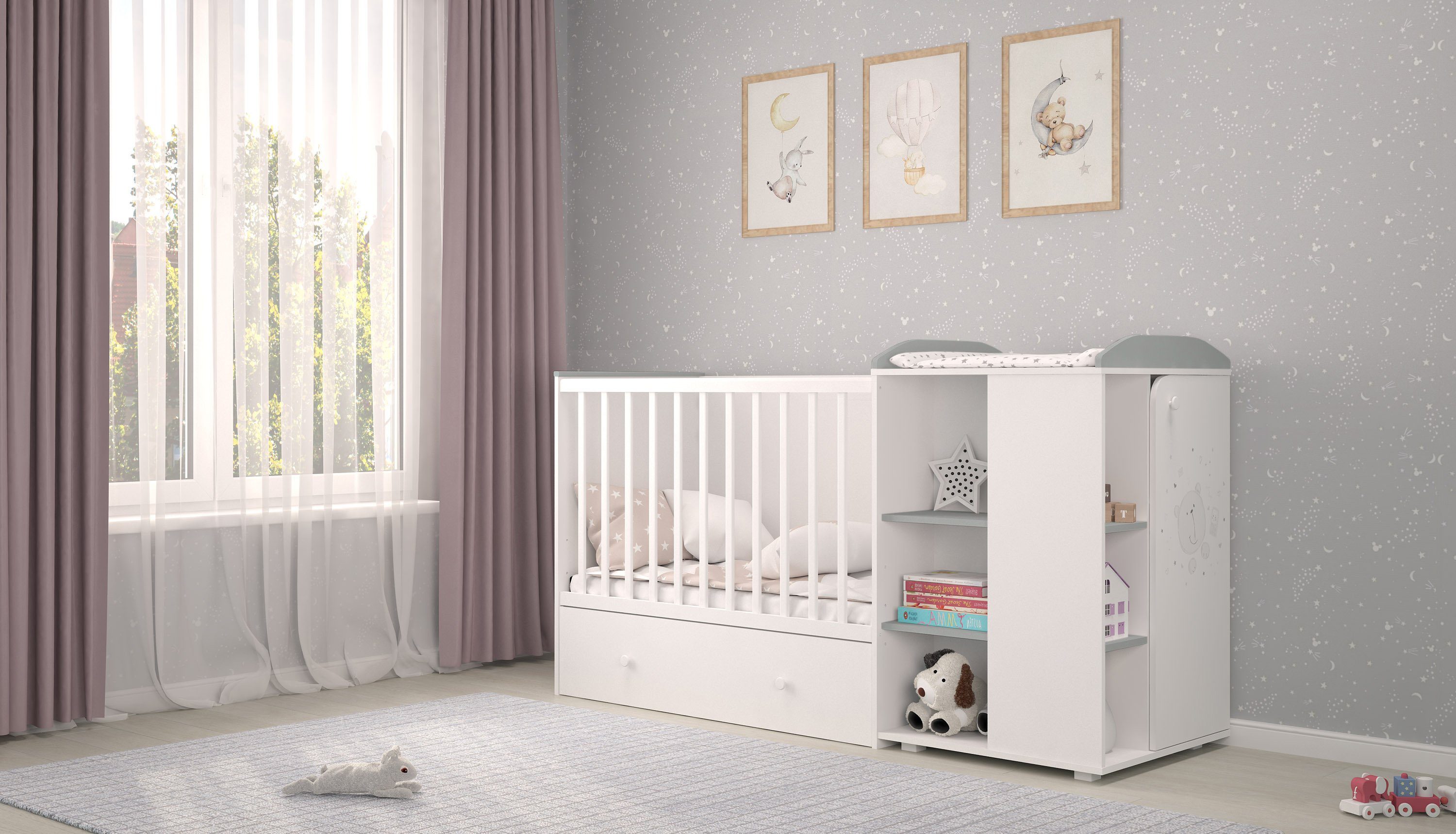 Polini kids Babybett »French 800 Teddy, weiß-eiche«, mit Bettschubkasten  und Wickelstation; umbaubar zu Juniorbett und Kommode online kaufen | OTTO