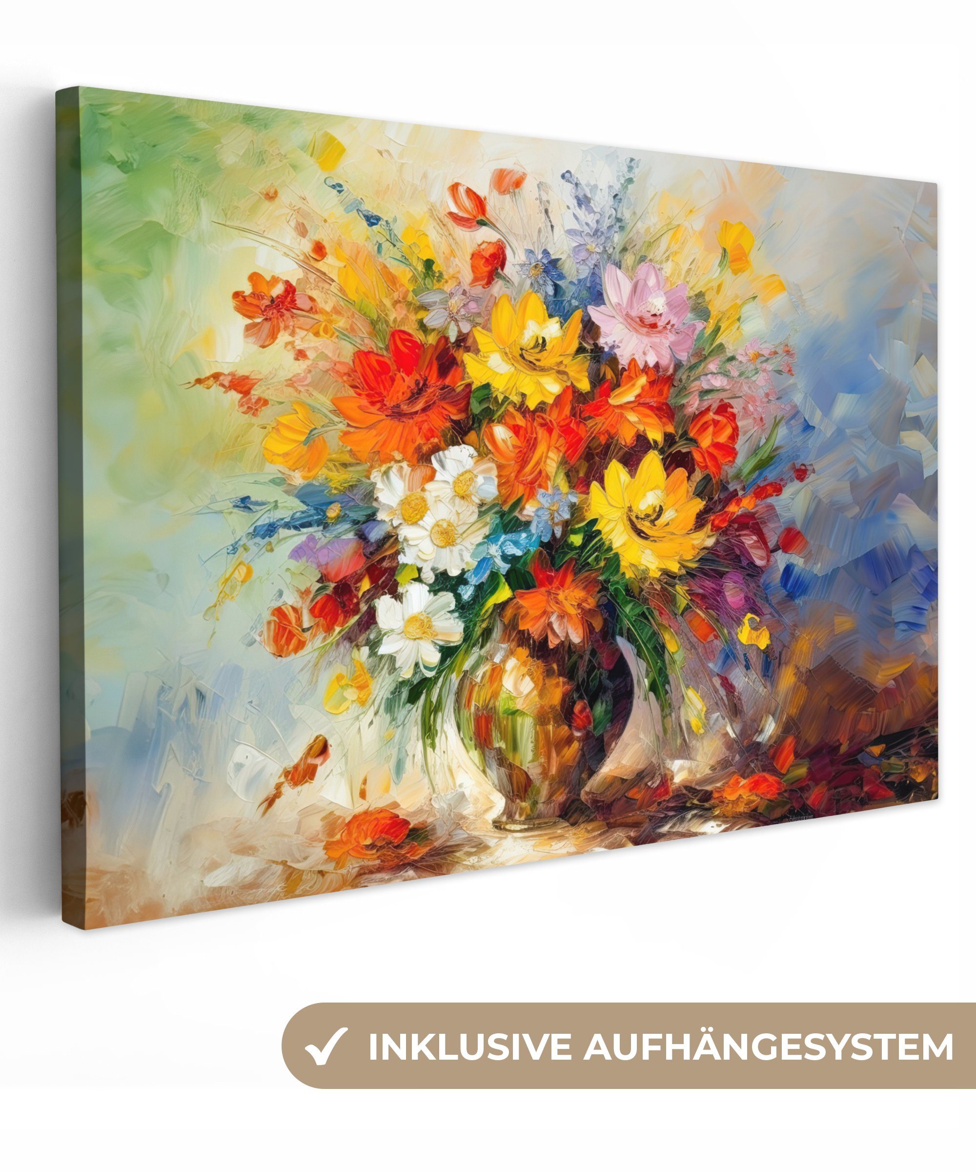OneMillionCanvasses® Leinwandbild Blumen - Bunt - Ölfarbe - Blumentopf, Fotodruck (1 St), Leinwand Зображення Klein, Wand Dekoration Aesthetic 30x20 cm