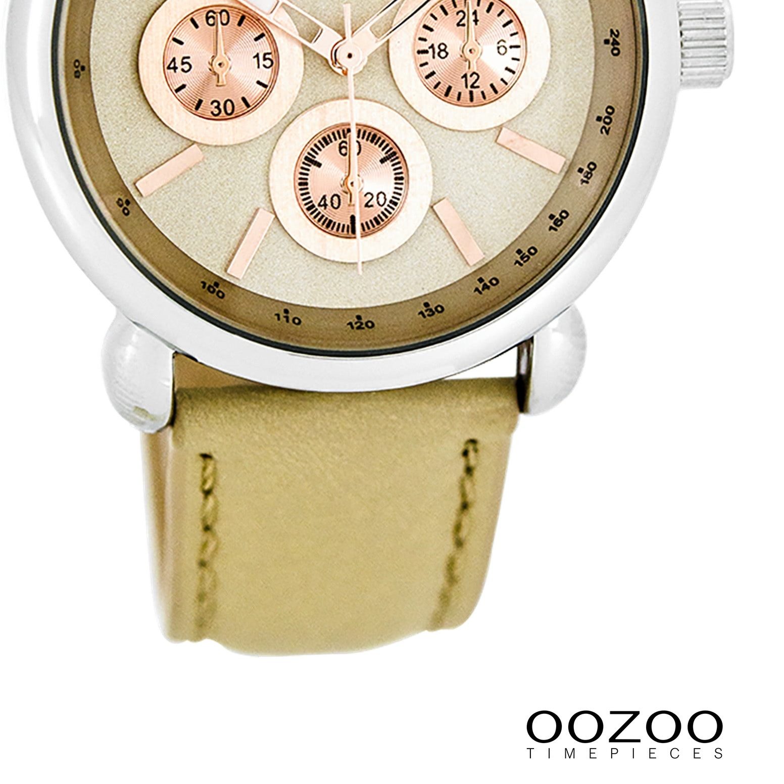 OOZOO Quarzuhr Oozoo Damen Armbanduhr beige Analog, (Analoguhr), Damenuhr rund, groß (ca. 43mm) Lederarmband, Luxus-Style