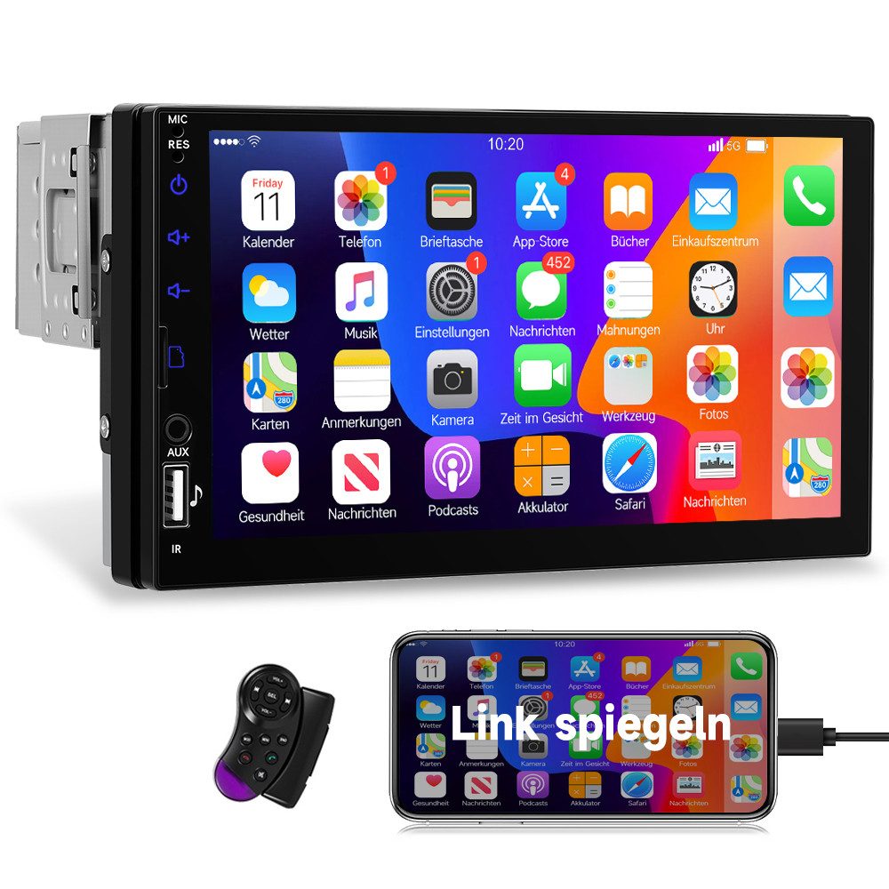 Hikity 1DIN 7" HD Touch Autoradio Bluetooth USB/Rückfahrkamera Wired Link Autoradio (Mit Lenkradsteuerung)