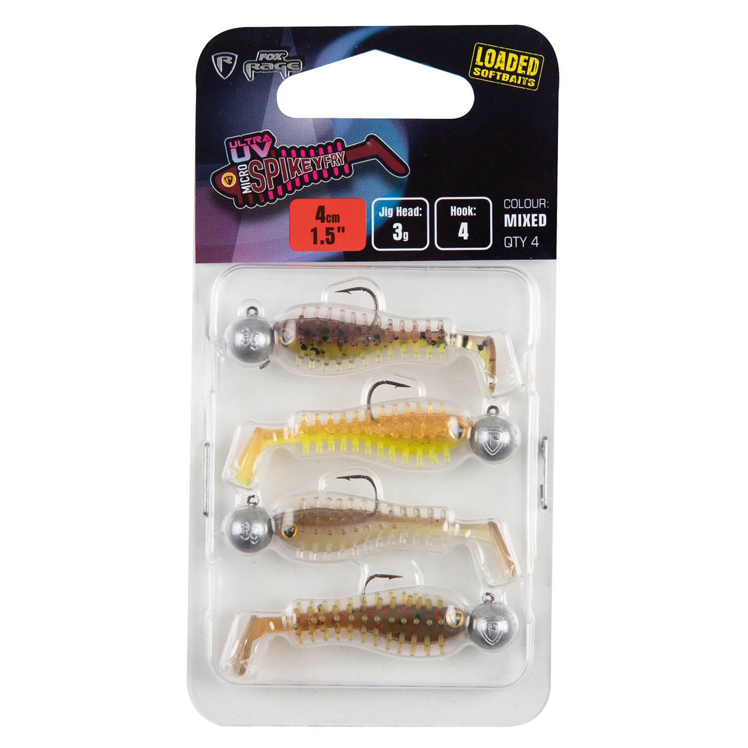 Fox Rage Kunstköder Fox Rage Micro Spikey Fry UV mit Jighaken Gummiköderset 4cm 4Stk, (4-St)