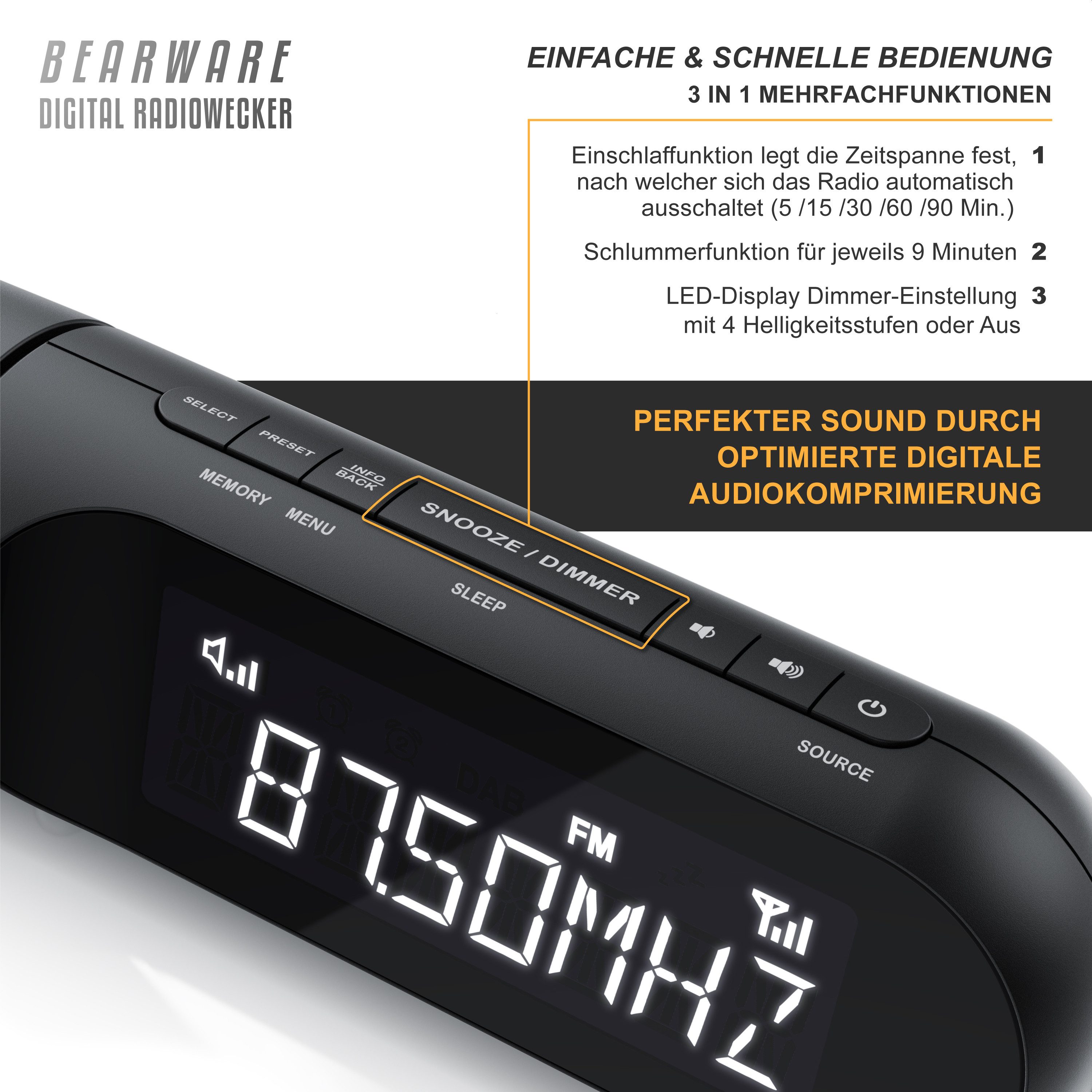 BEARWARE Radiowecker Küchenradio mit Projektion & DAB+ Radio, digital, Projektionswecker FM, DAB Plus Radio mit 20 Speicherplätzen, Wecker, 4 Helligkeitsstufen