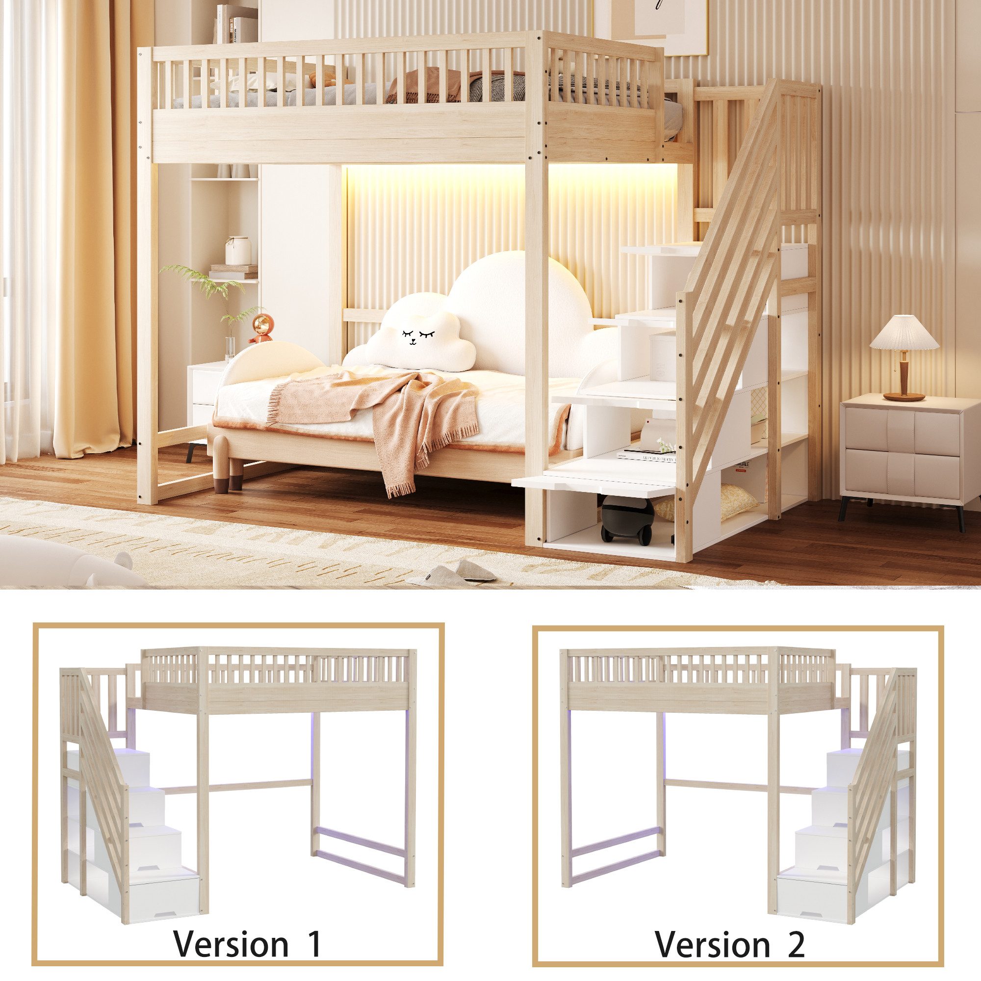 Odikalo Hochbett Hochbett mit Stauraum & Treppe, Weißes Holzbett aus Massiver Kiefer (Hochbett 140x200 / 90x200 cm mit Sicherheitsaufbewahrungsleiter, Sicherhei – Bild 4 von 5