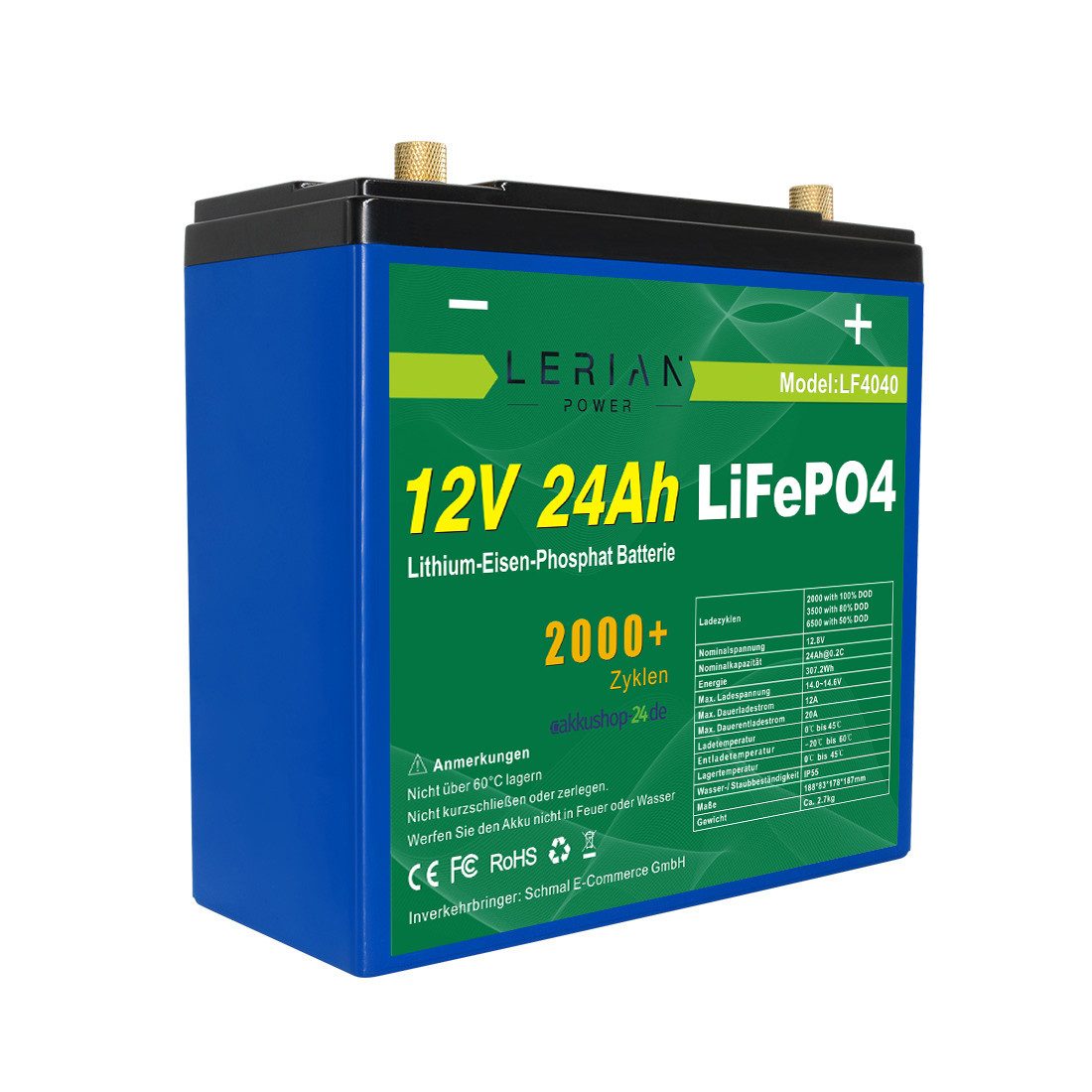 LERIAN POWER LiFePO4 Akku 12V 24Ah 20A LFP Batterie für Camping Boot Solar Akku