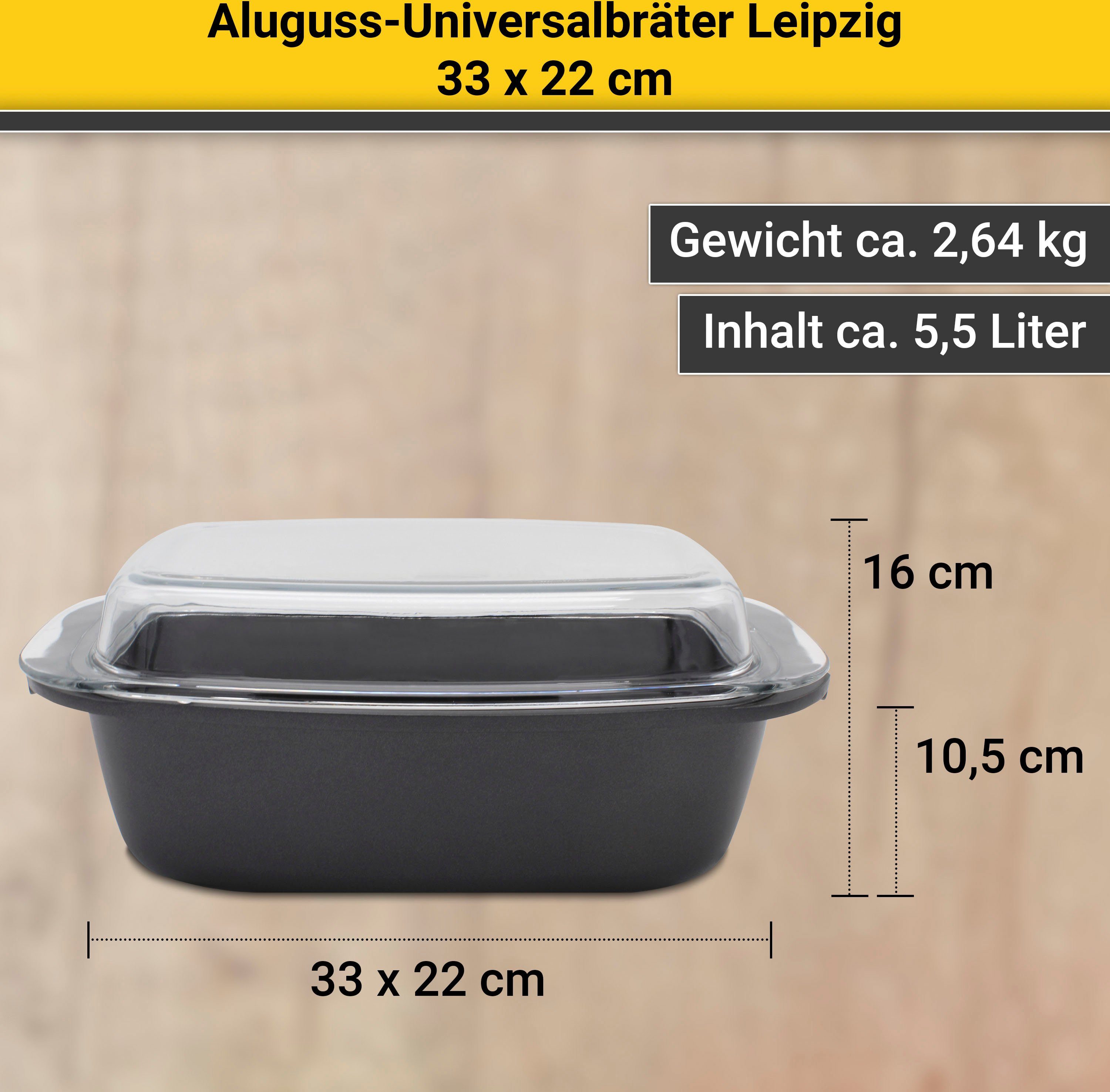 Krüger Bräter Aluguss Universalbräter mit Glasdeckel LEIPZIG, 33 x 22 x 10,5 cm, Aluminiumguss (1-tlg), hochwertige Antihaft-Versiegelung