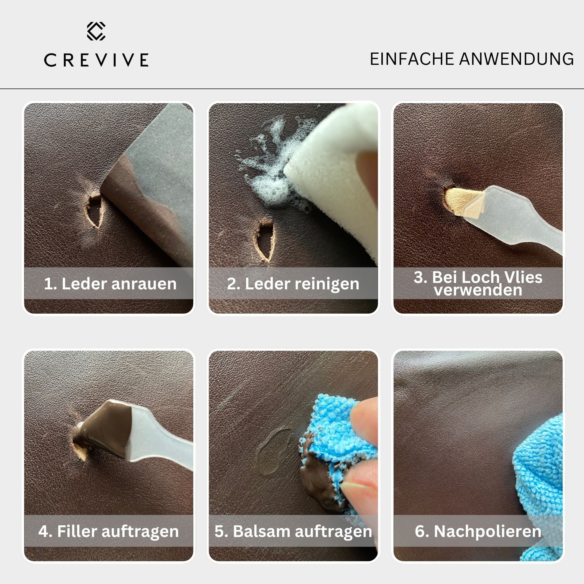 CREVIVE Flüssigleder 50 ml Lederpflege (Lederreparatur, sehr ergiebig), Leder Reparatur Set, Kunstleder Reparaturset, für Sofa, Couch, Auto