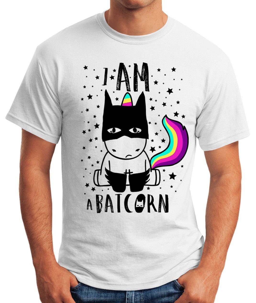 MoonWorks Print-Shirt Batcorn Shirt Fun-Shirt Einhorn Herren Moonworks® mit Unicorn Print weiß