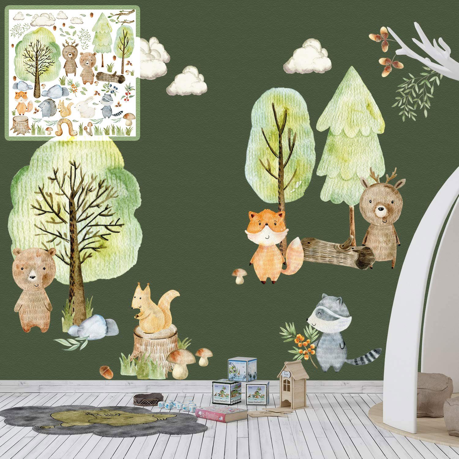 Sunnywall Wandtattoo XXL Wandtattoo Kinder Woodland Set verschiedene Motive Kinderzimmer Aufkleber Wanddeko Waldtiere Wald Baum