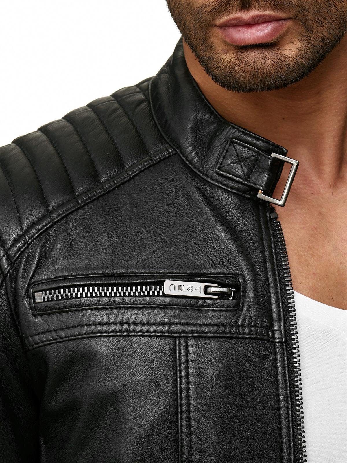 RedBridge Lederimitatjacke Urban Bikerjacke Steppjacke Kunstleder Schwarz Stehkragen mit Druckknopf