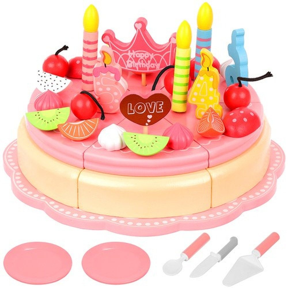 ISO TRADE Lernspielzeug Geburtstagstorte Holzkuchen (Spar-Set, Motorik), Kinder üben das Schneiden, Servieren und Dekorieren