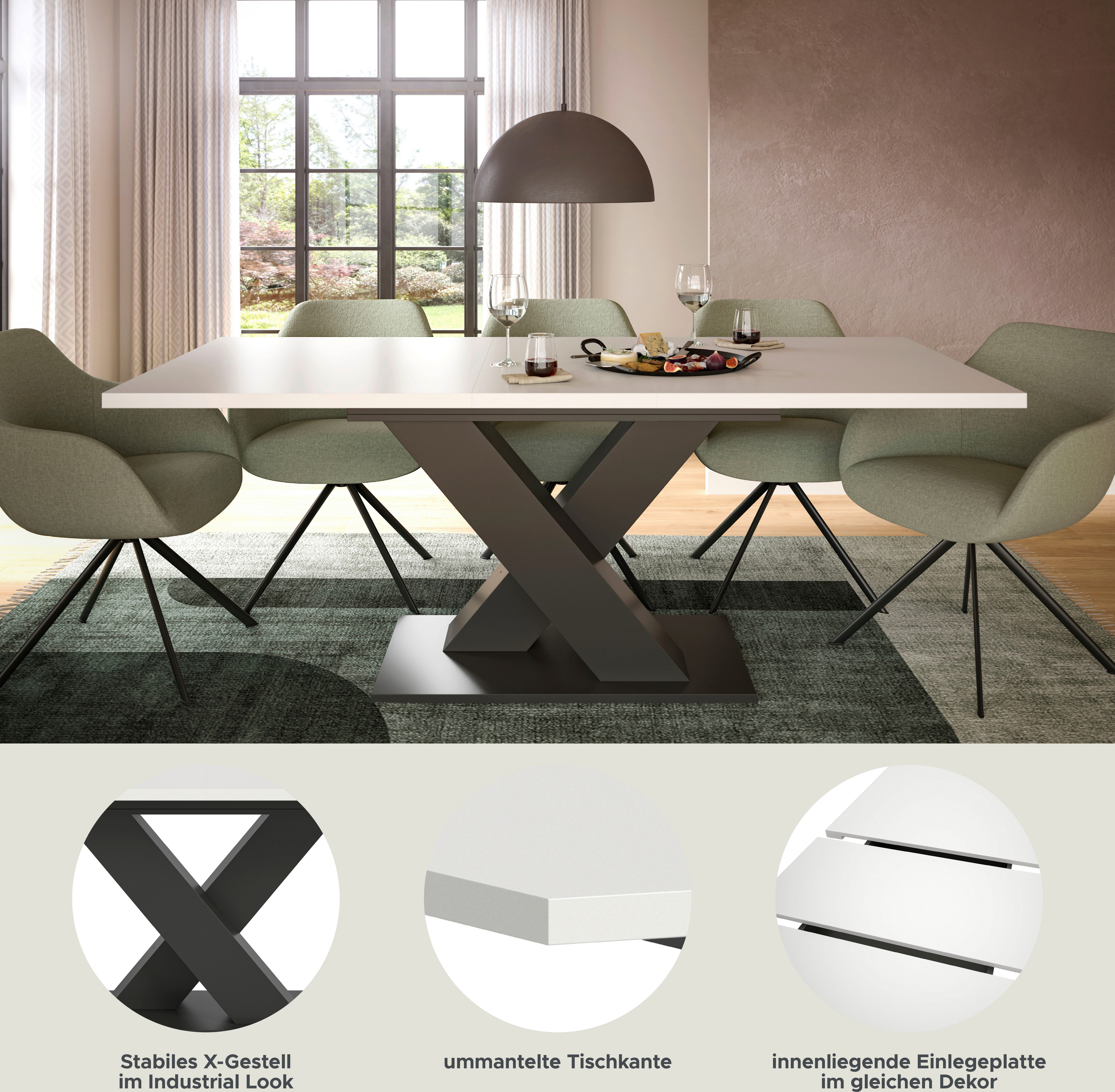 Home affaire Esstisch Motus, ausziehbar 150 -190 cm, inklusive 40 cm Einlegeplatte (Set, 1-St), X-Gestell mit Bodenplatte, Tisch, Küchentisch, Esszimmer, Küche