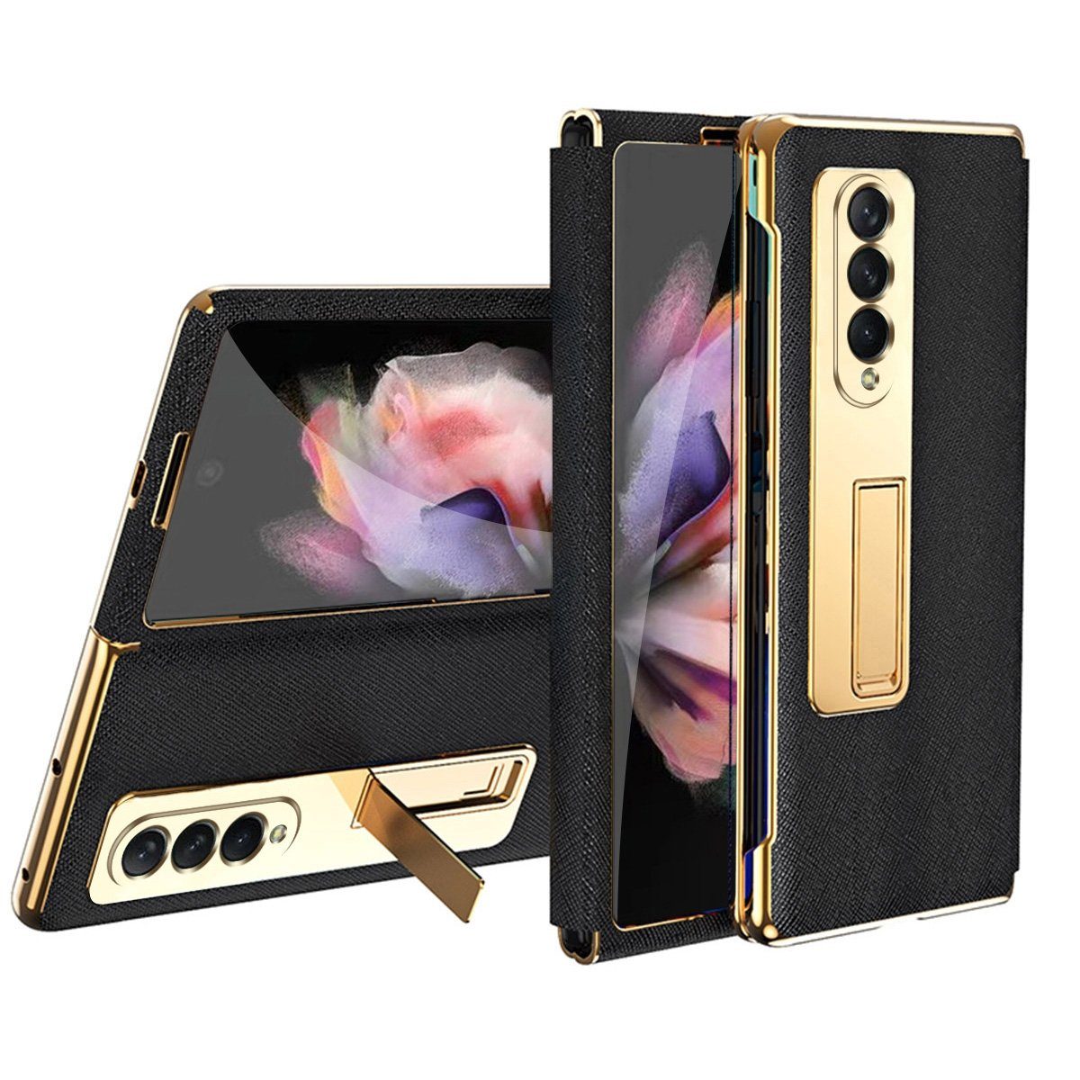Wigento Handyhülle Für Samsung Galaxy Z Fold4 5G Galvanik Linsenrahmen + Hart Glas Handy Tasche Hülle Etuis Schwarz
