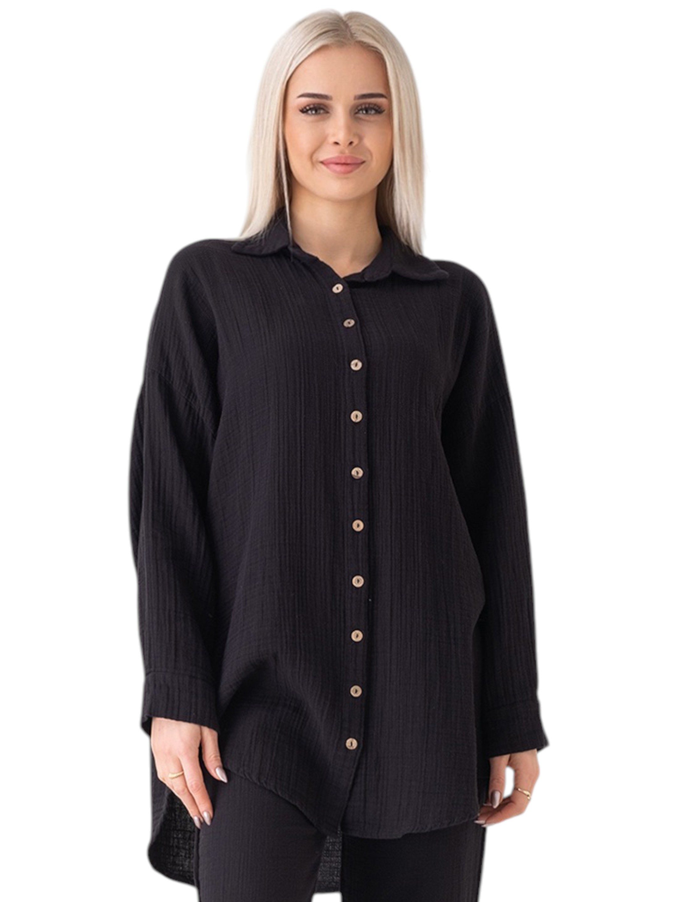 WENOR Hemdbluse Oversize Musselin Hemd 100 % Baumwolle, Kokosknöpfe, Einheitsgröße