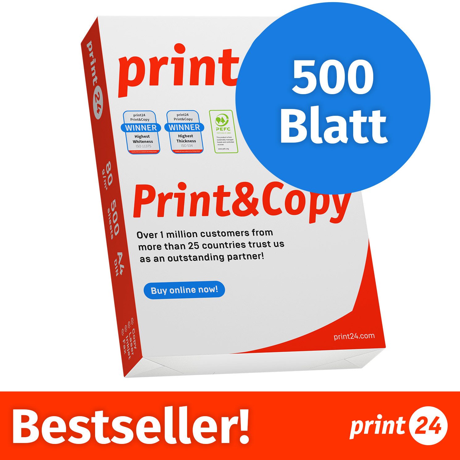 print24 Drucker- und Kopierpapier Kopierpapier 500 Blatt A4 80g Premium Weiß PEFC zertifiziert, PEFC-Zertifikat (GFA-PEFC-COC-500582)