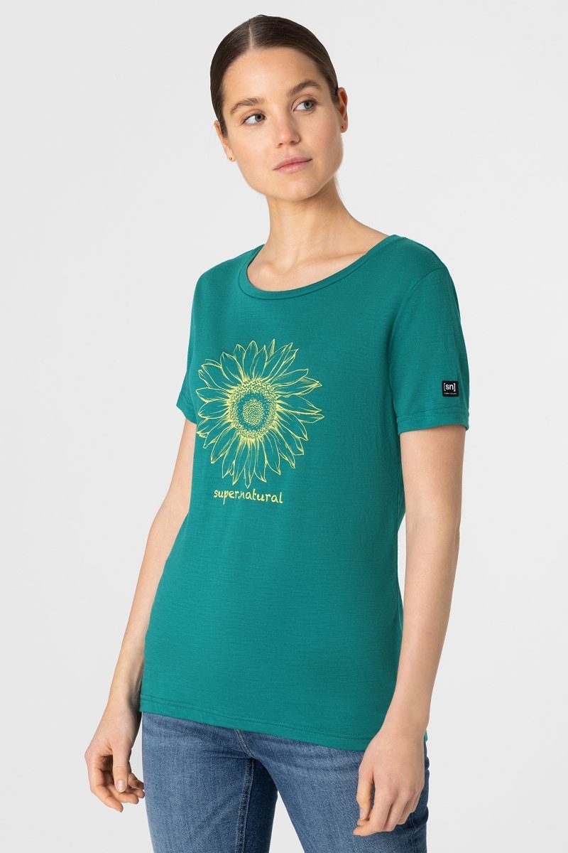 SUPER.NATURAL Print-Shirt Merino T-Shirt W GIRASOL TEE atmungsaktiver Merino-Materialmix