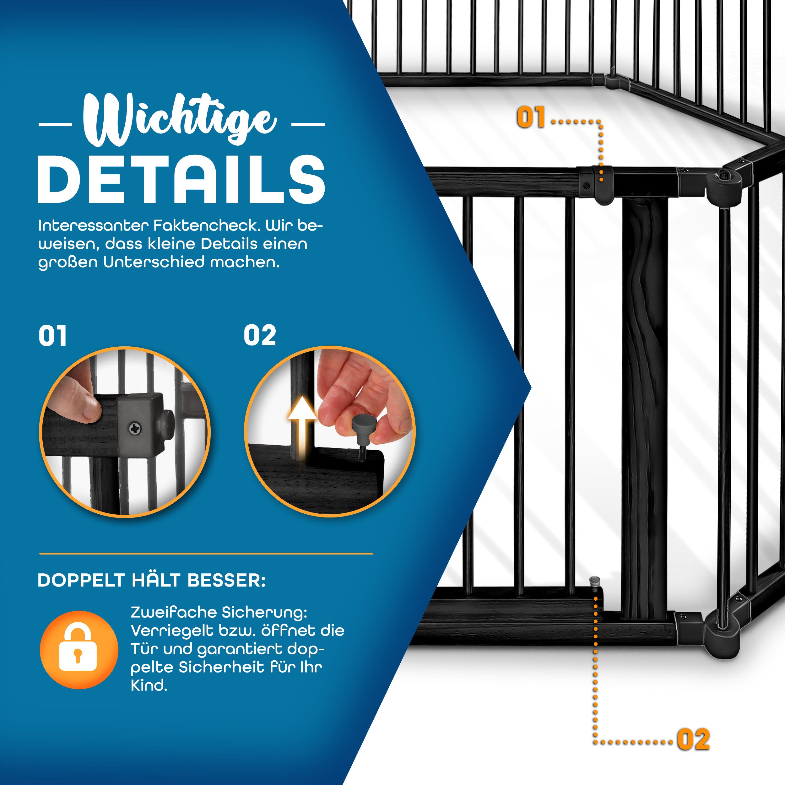 KIDUKU Laufgitter 7,2 Meter Laufstall XXL klappbar inkl. Tür, bestehend aus 8 Elementen (mit doppelter Sicherung für Kinder Krabbelgitter), Absperrgitter individuell formbar