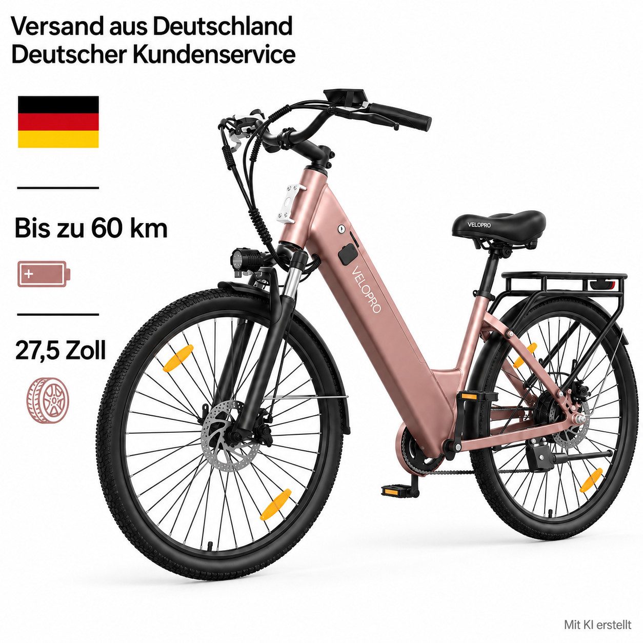 PIXAR E-Bike Cityrad Velopro C1 27,5 Zoll City Elektrofahrrad, 36 V 13 Ah Akku, 7-Gang, 7 Gang, Heckmotor, 468 Wh, Multifunktions-LCD; 250W Heckmotor; Gepäckträger