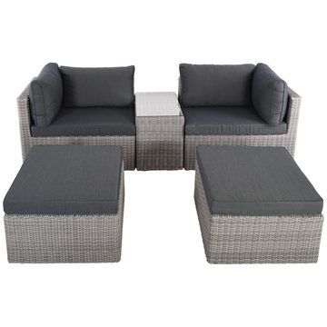 Raburg Loungeset XL Gartenlounge Adan, verschiedene Farben, mit Sofa für 2-4 Personen, (5-tlg., 2 Sitzelemente & 2 Hocker & 1 Tisch mit Glasplatte), Alu & Poly-Rattan mit Polster-Set, variabel, platzsparend & stapelbar