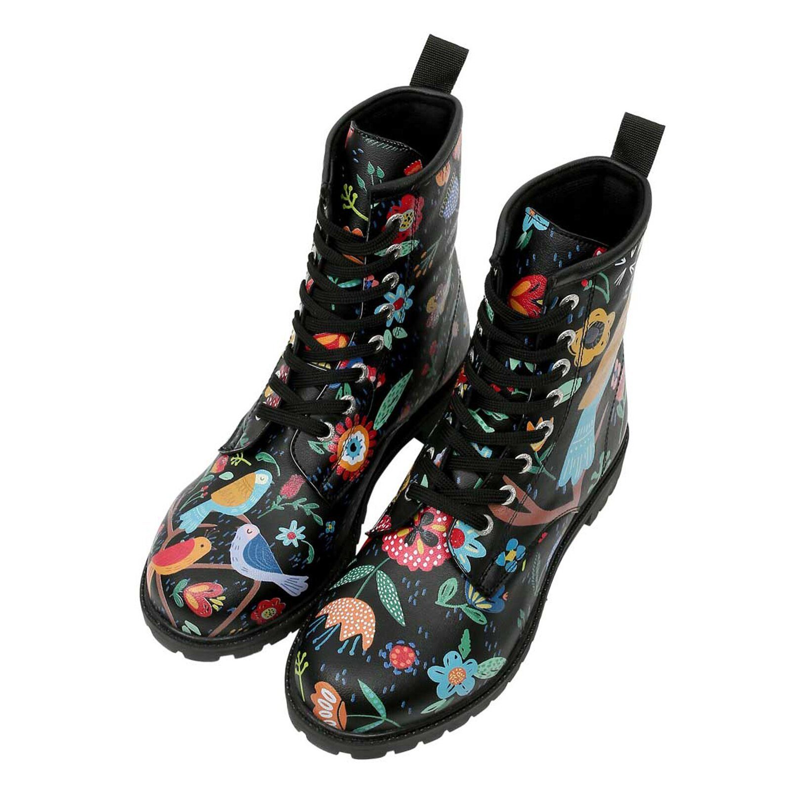 DOGO Long Boots Schnürstiefel Flower & Birds Black Damen Schnürboots Handge günstig online kaufen
