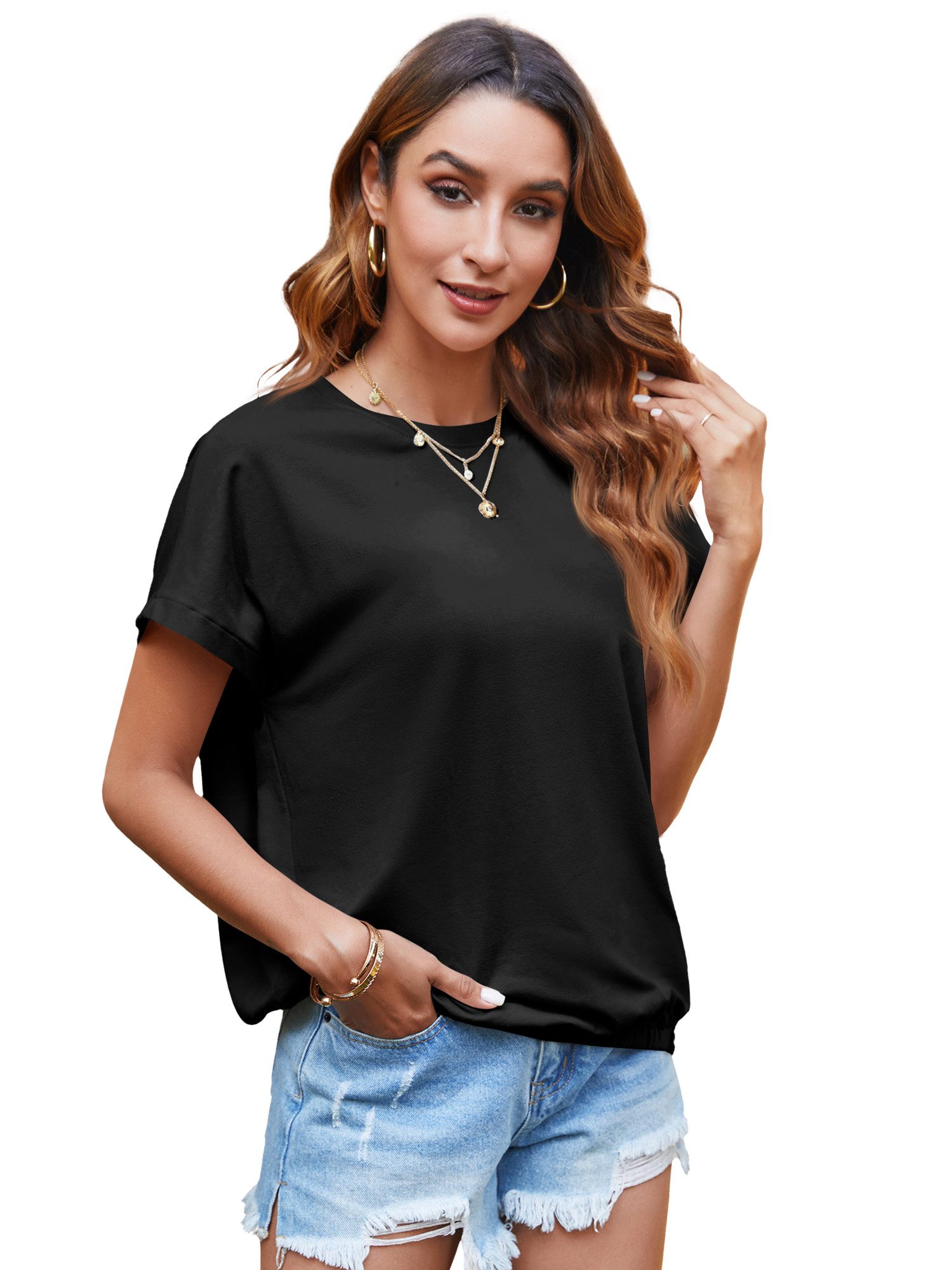 Imily Bela T-Shirt Damen Kurzarmbluse mit Gummizug im Saum (Packung, 1-tlg., 1per-Pack) in Unifarbe