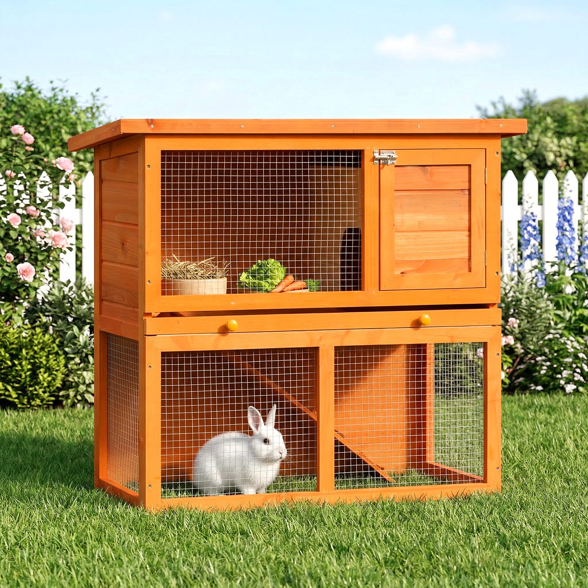 PawHut Zwergkaninchenstall doppelstöckig, mit Rampe Kleintierstall Outdoor Holz Gelb 90 x 45 x 80 cm von PawHut
