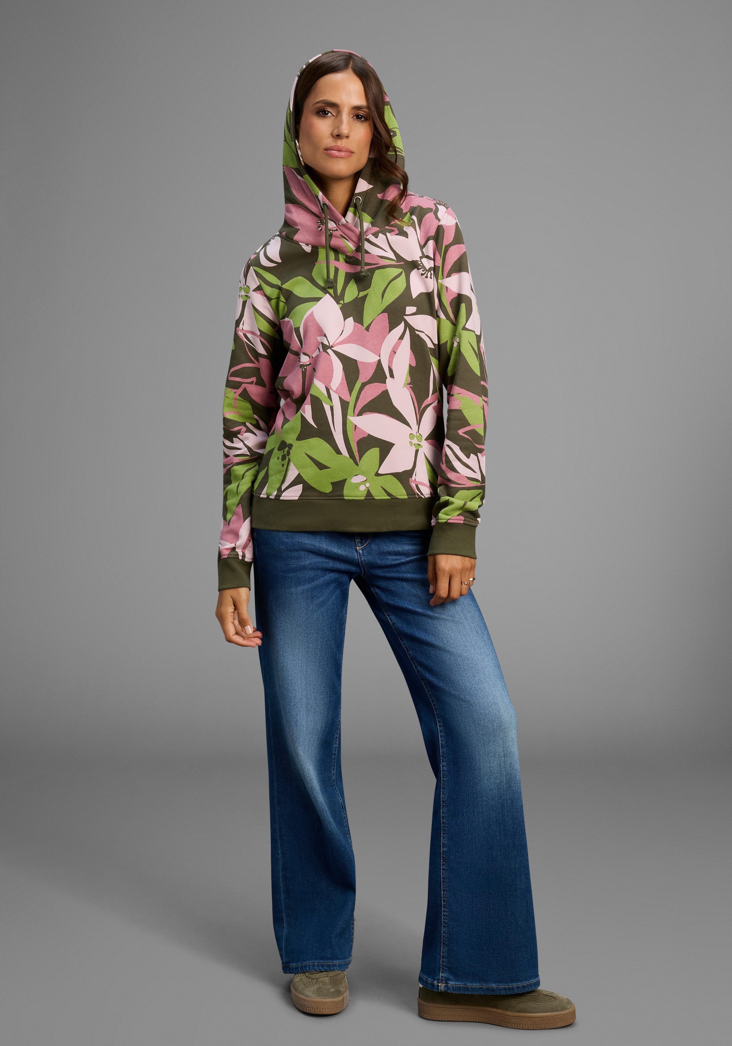 Laura Scott Sweater Pflegeleichte Baumwollmischung mit Kapuze und Blumendruck – Bild 3 von 5