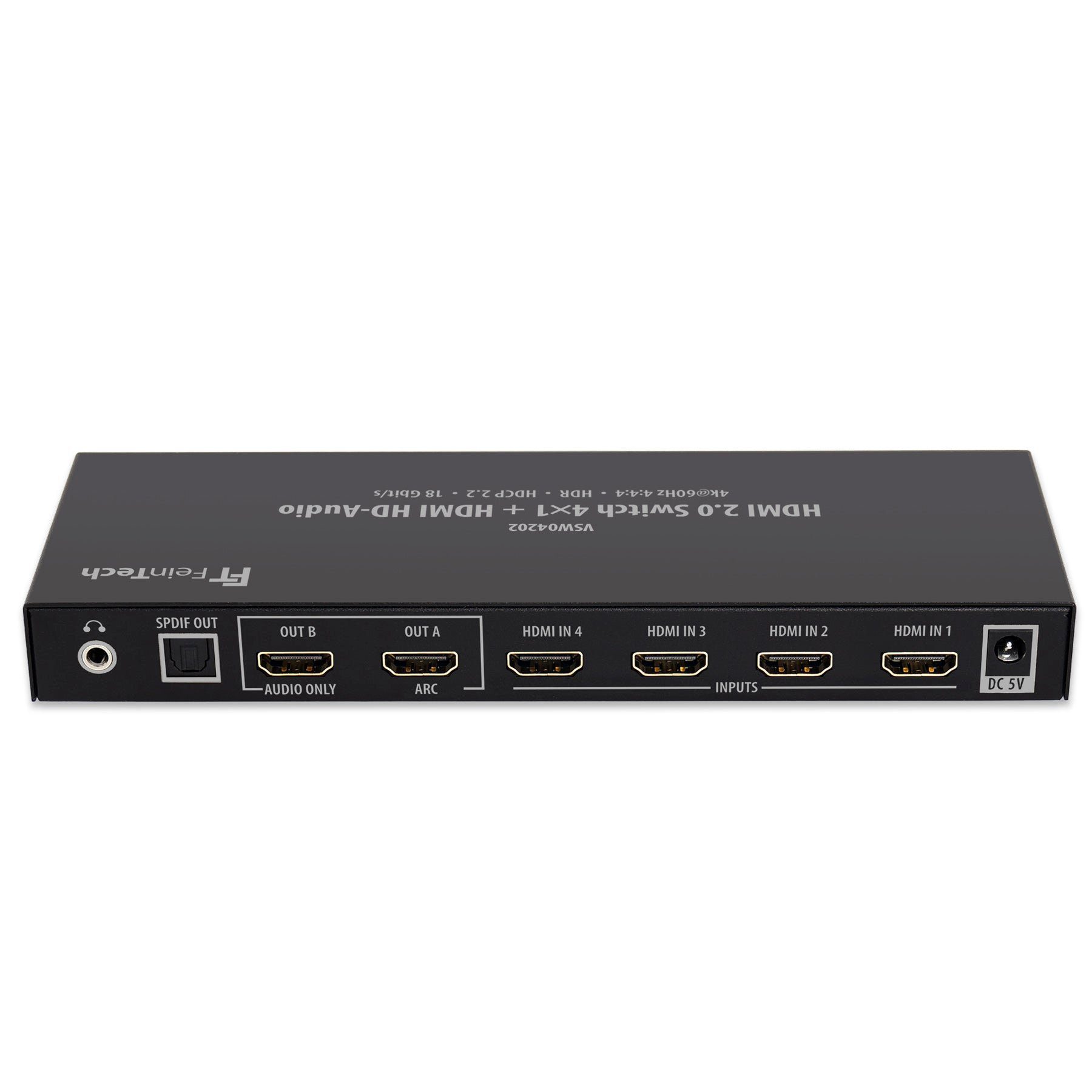 FeinTech HDMI-Splitter VSW04202 HDMI-Switch 4K 60Hz 4 In 1 Out + HDMI-Audio Out, extrahiert HD-Audio & Dolby Atmos