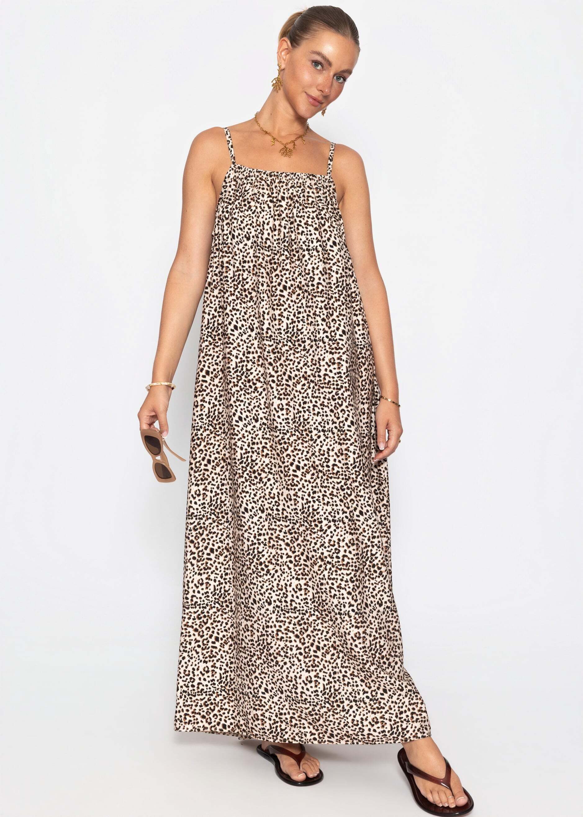 SASSYCLASSY Maxikleid Lockeres Trägerkleid mit Leo-Print für Damen Fließendes Maxikleid mit Spaghettiträgern und geradem Ausschnitt
