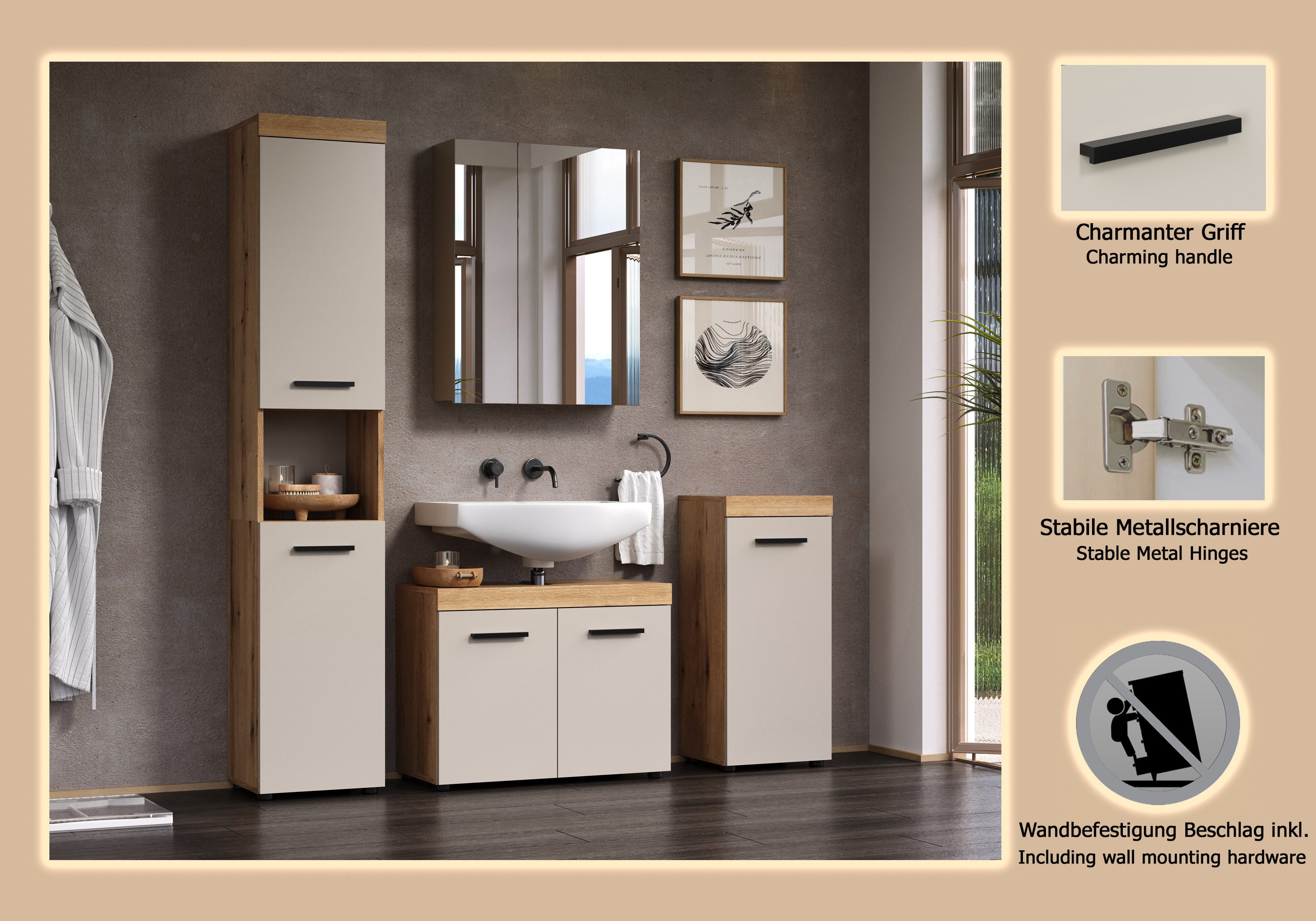 welltime Badmöbel-Set Isera, (4-St), Set mit Hochschrank, Waschbeckenunterschrank, Standtyp, Spiegelschrank