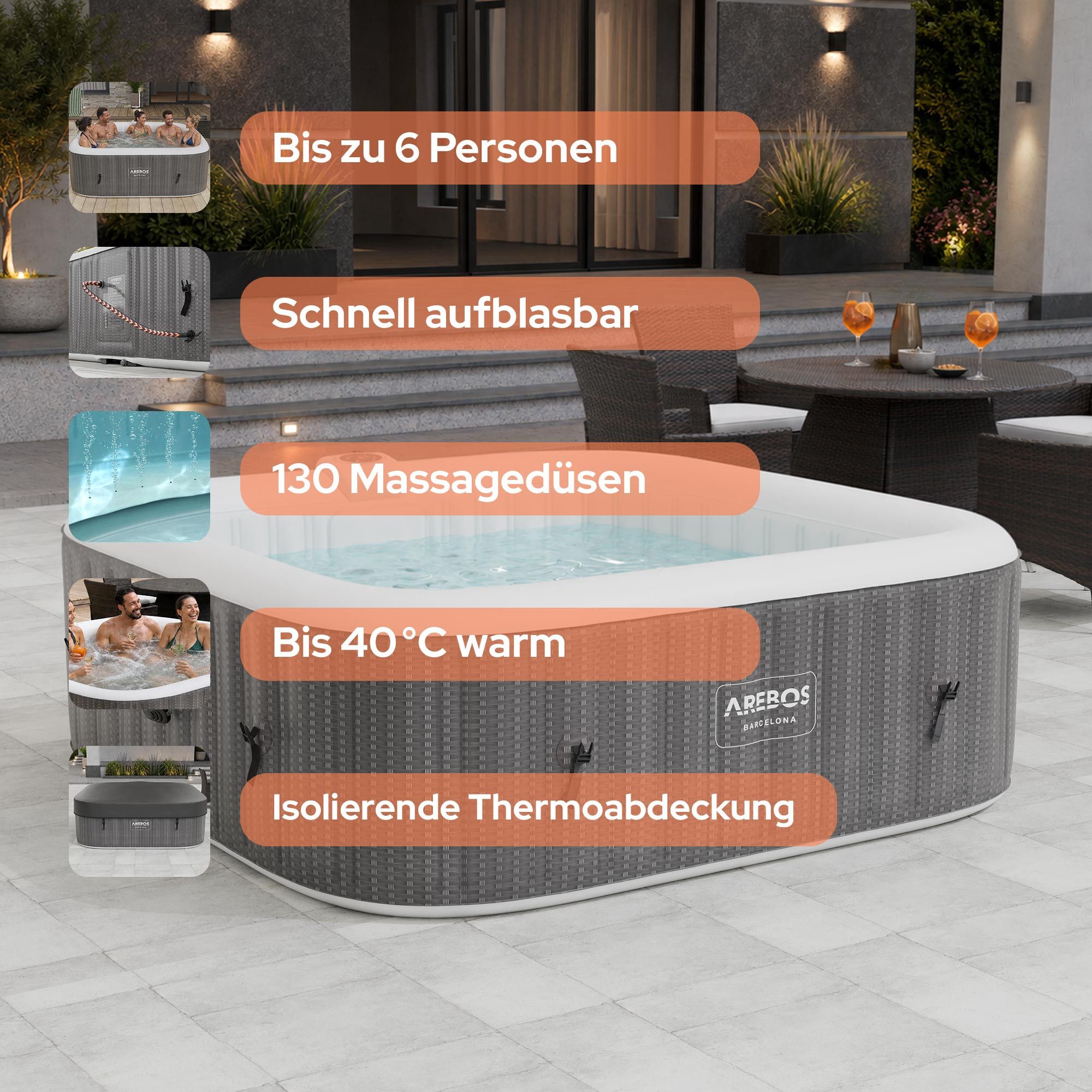 Arebos Whirlpool FLORENCE & BARECELONA Aufblasbar 4 oder 6 Personen mit 100/130 Düsen, (Komplett-Set), für Outdoor & Indoor