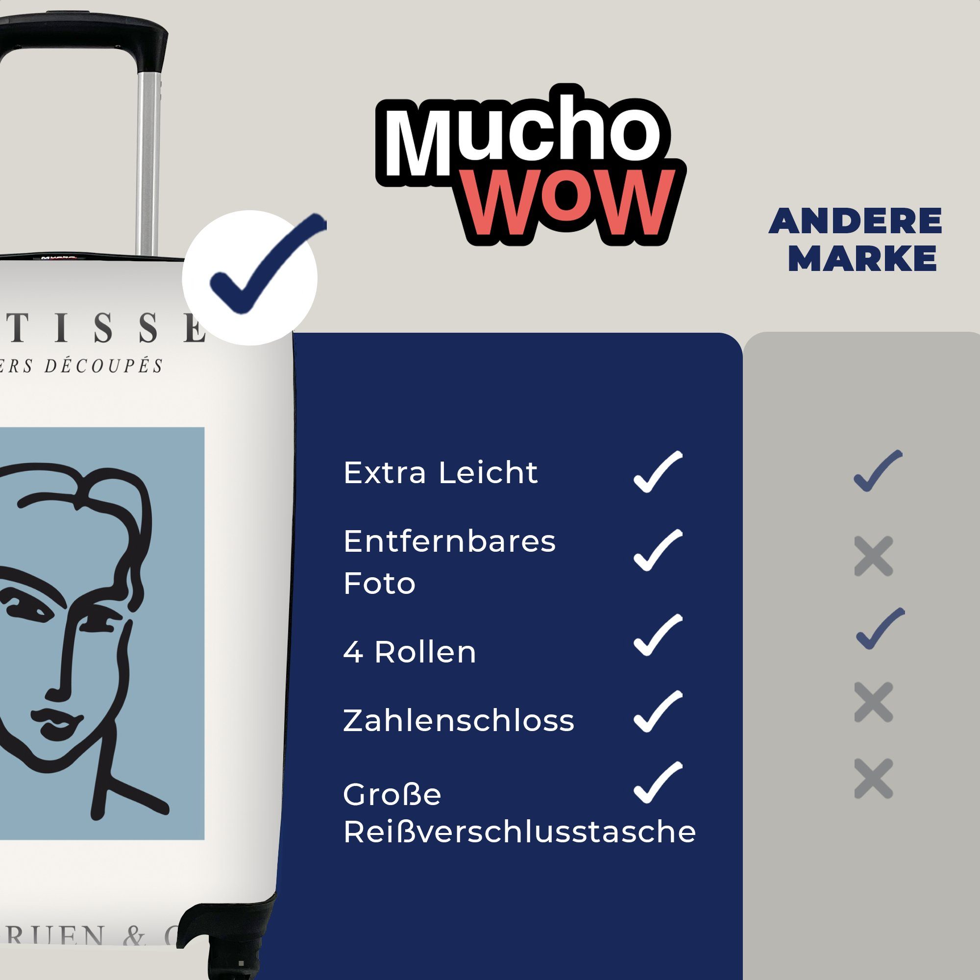 Henri Mann Handgepäck für Reisetasche Handgepäckkoffer - MuchoWow - Trolley, Kunst Blau mit Reisekoffer rollen, 4 Matisse, Ferien, Porträt - Rollen, -
