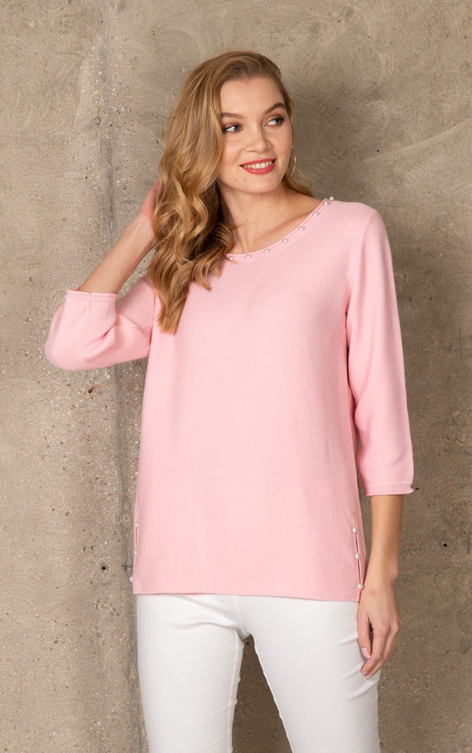 Passioni 3/4 Arm-Pullover mit weißen Perlen mit Rundhalsausschnitt günstig online kaufen