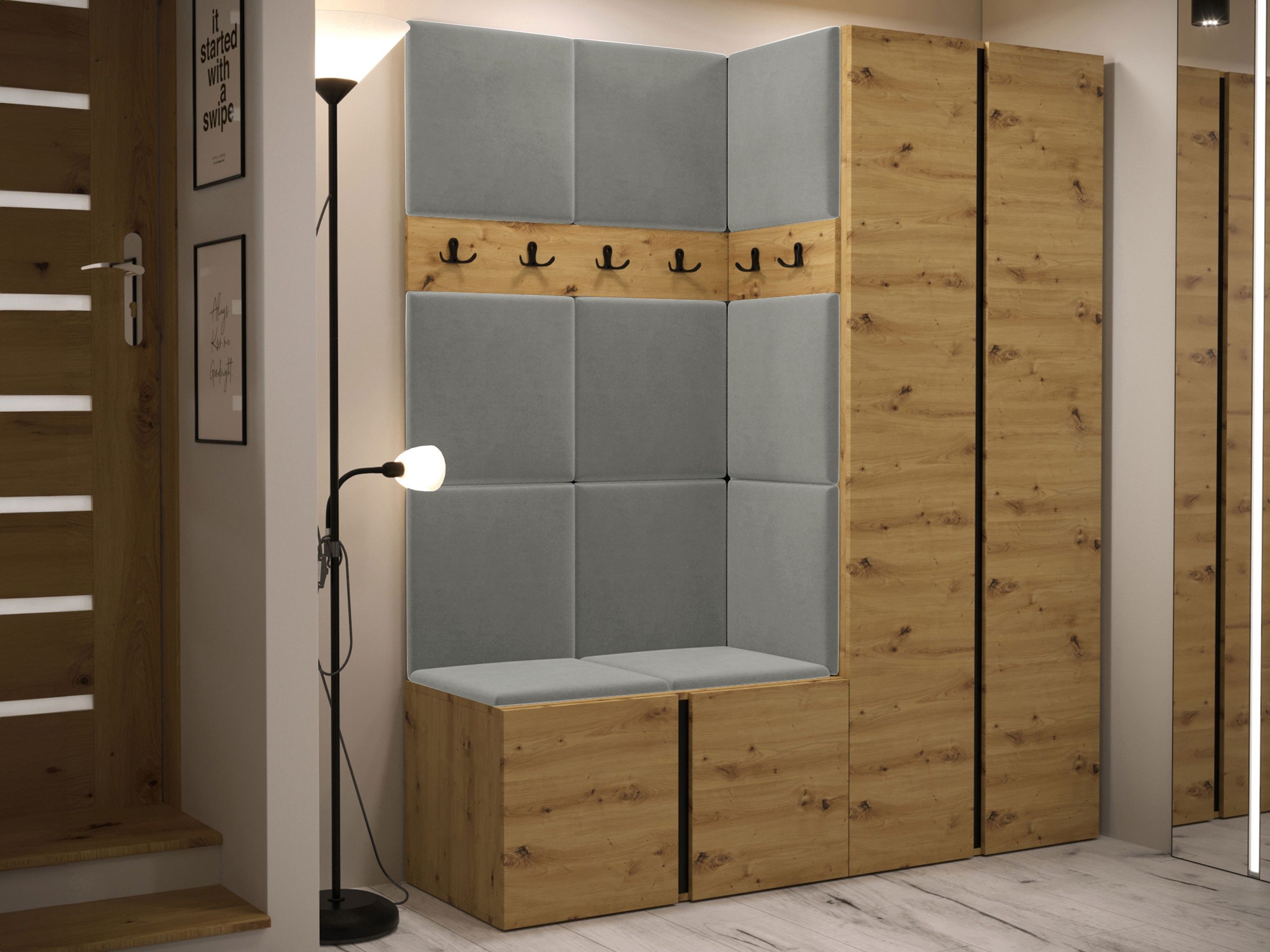 MIRJAN24 Garderoben-Set Orion III, (Komplett-Set, Kleiderschrank, Schuhschrank, 2x Kleiderhakenbrett, Paneel 11x 42x42), Auswahl aus Fronten und Polsterplatten