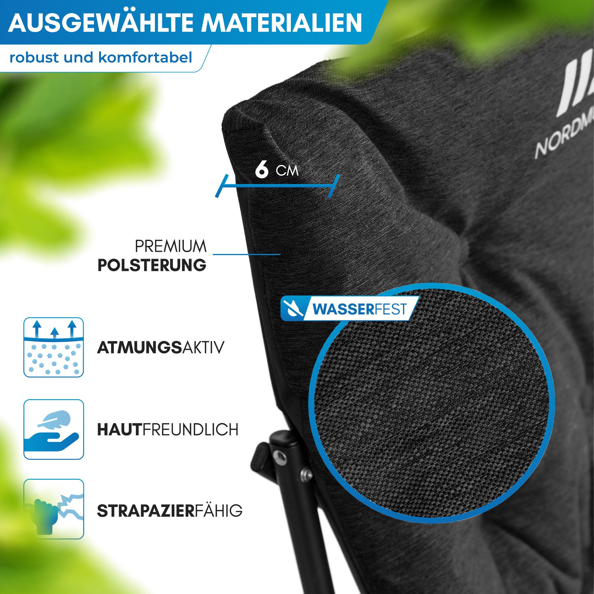 Nordmut Campingstuhl verstellbare Rückenlehne 4-fach, gepolstert, kompakt, Sitzen & Liegen (Spar-Set, 1 St), hohe Lehne, klappbar, 140kg belastbar, ergonomische Sitzform, Armlehne