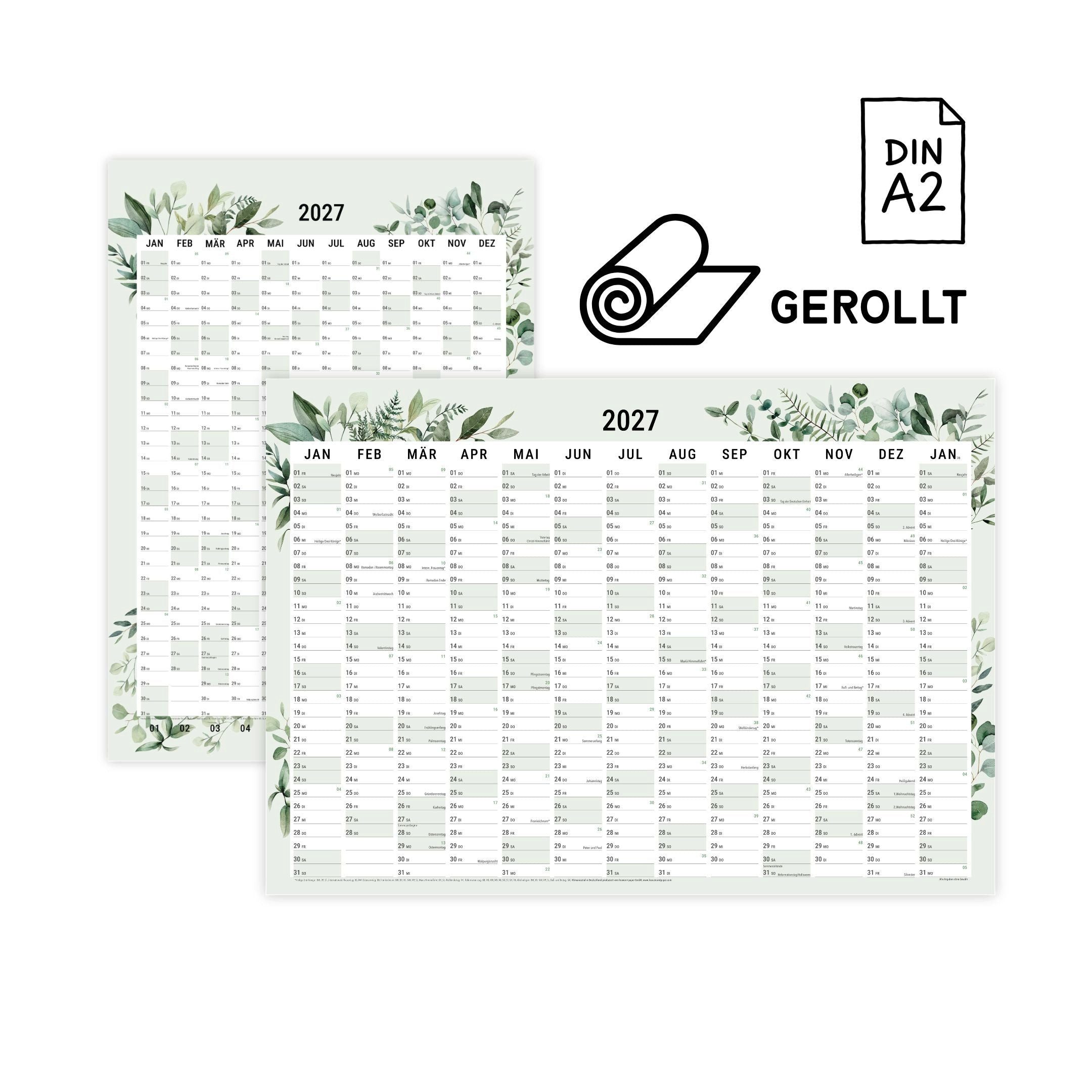 heaven+paper Jahresplaner Wandplaner DIN A2 Greenery 2027, botanischer Jahresplaner beidseitig, Hergestellt in Deutschland