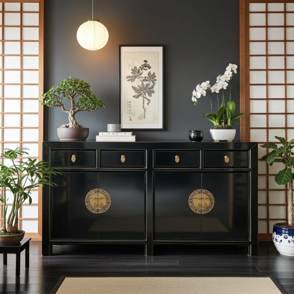 OPIUM OUTLET Sideboard Asia Vintage Kommode Schrank Möbel asiatisch chinesisch orientalisch (Anrichte Buffet, schwarz), B x T x H: 150 cm x 40 cm x 85 cm / komplett montiert