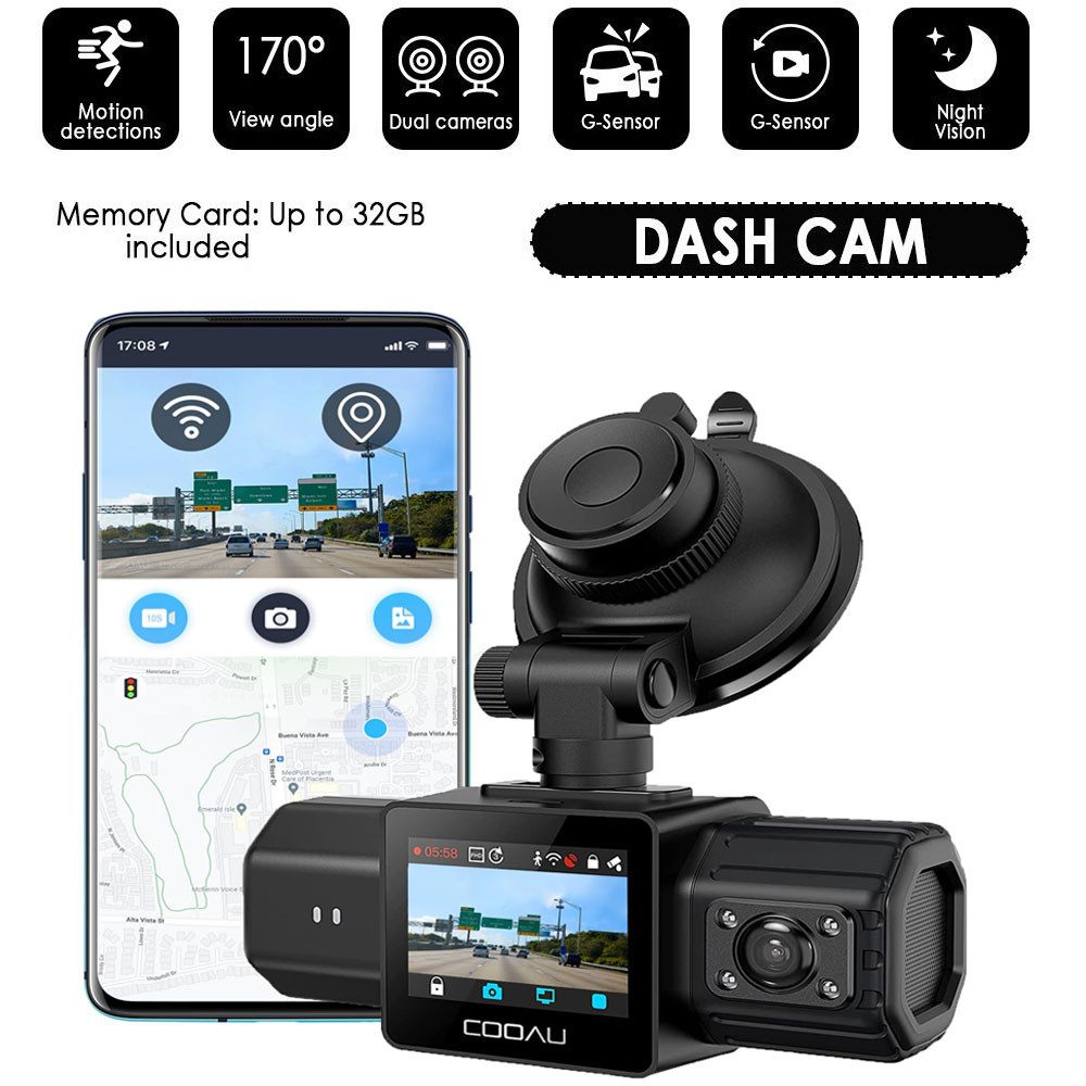 COOAU Dashcam vorne hinten 2.5K+1080P, WiFi Auto Kamera mit 32GB Karte Dashcam (HD, WLAN (Wi-Fi), 24Std.Parküberwachung/Bewegungserkennung,Super Nachtsicht, Volles 6G +1iR-Objektiv, G-Sensor, Loop-Aufnahm, WDR, Sichtwinkel 170)