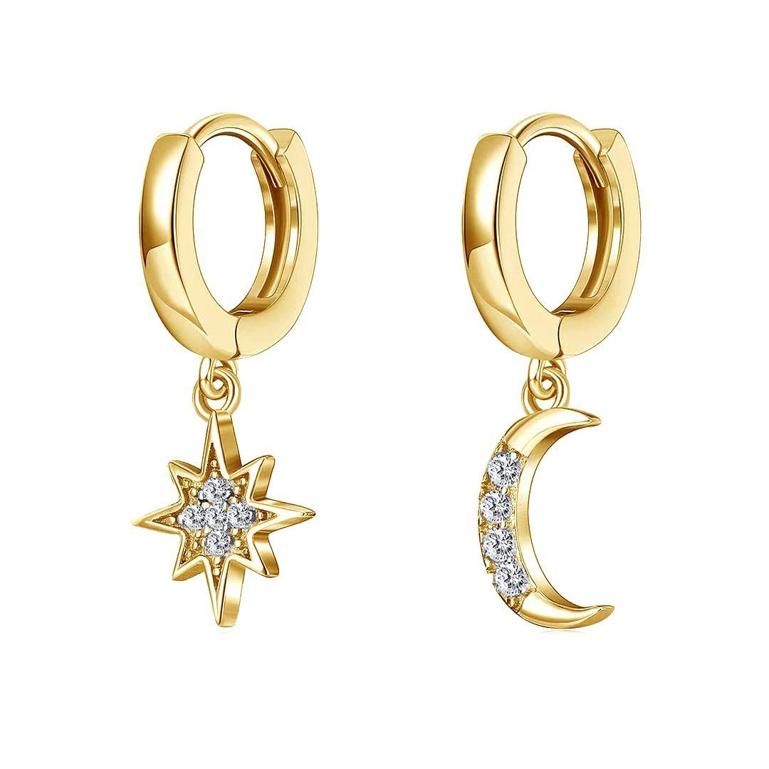 POCHUMIDUU Ohrring-Set Personalisierte Ohrringe Asymmetrische Kristall Stern Mond Ohrringe, Männer perforierte kleine Reifen Ohrringe Gold