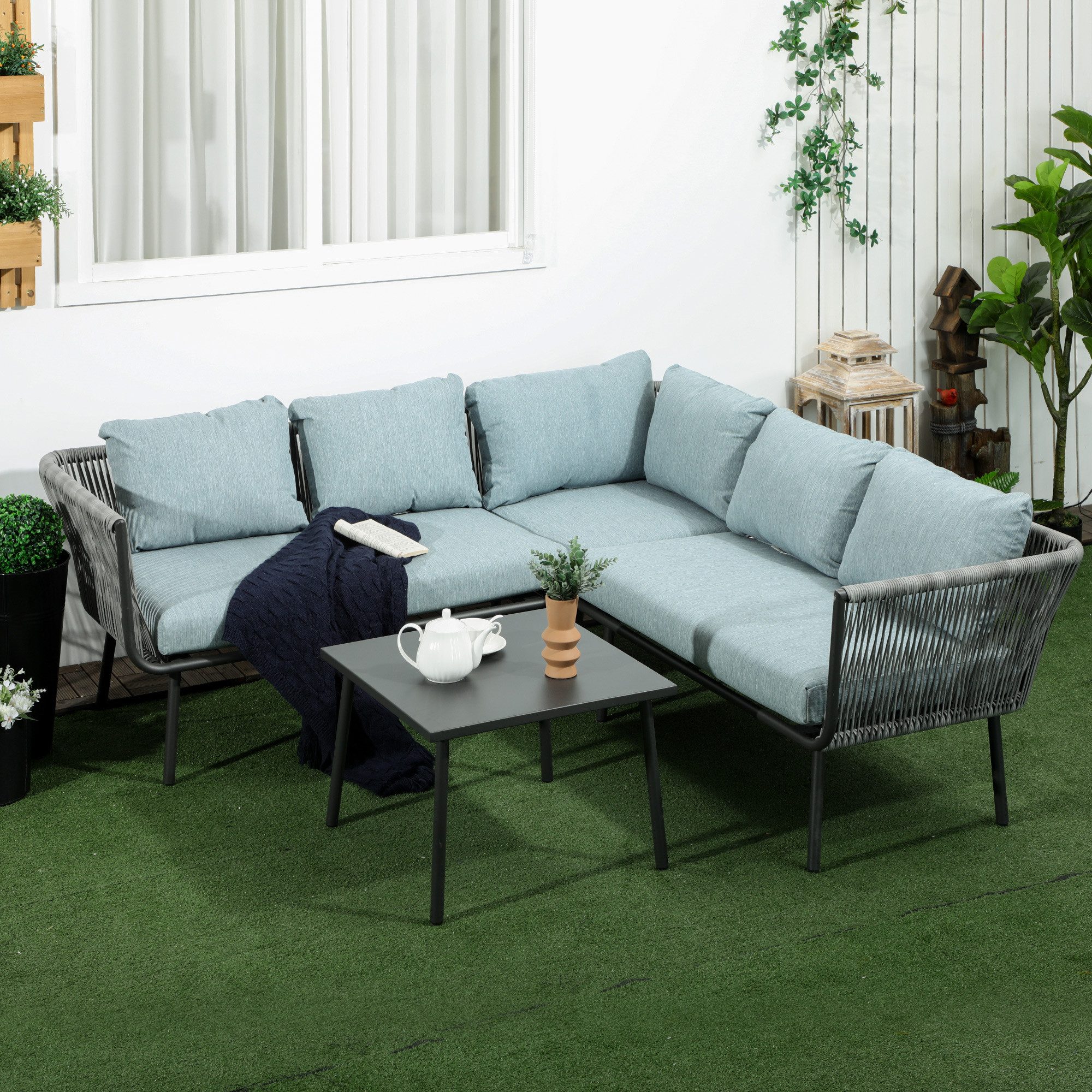 Outsunny Sitzgruppe Rattan mit Kissen, Ecksofa für Terrasse, Alu+Polyester, (Gartenmöbel-Set, 4-tlg., Sitzgarnitur), Grau, Blau 191L x 191B x 65H cm
