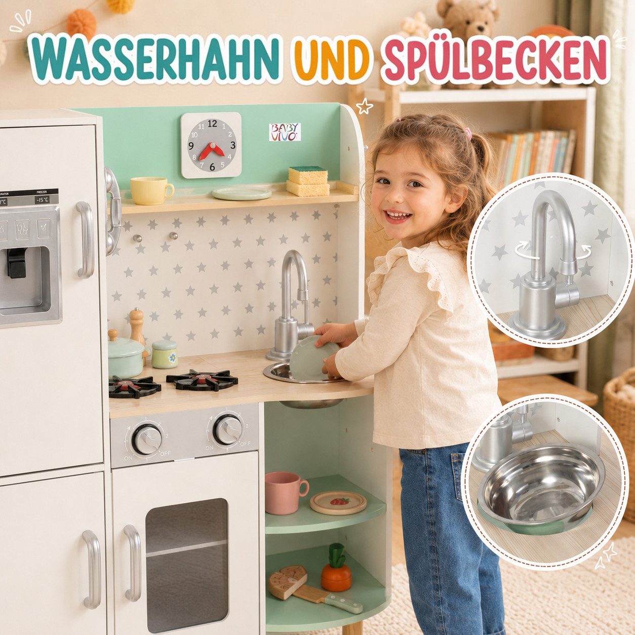 Baby Vivo Spielküche Kinderküche aus Holz - Gustavo in Weiß