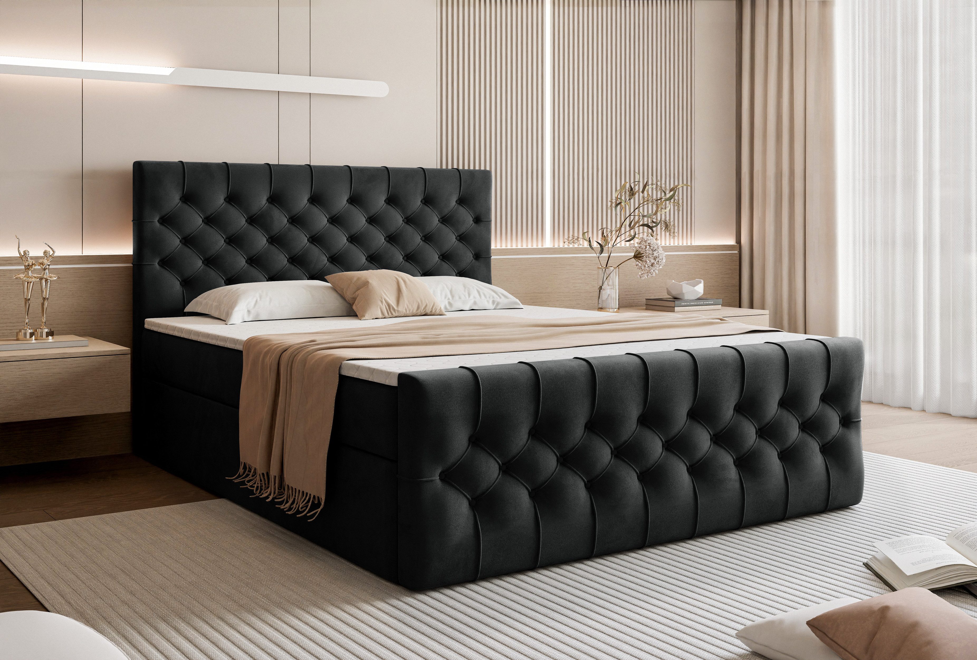 Goldstoff Boxspringbett TAURIEL mit Federkernmatratze & Topper, zwei Bettkästen (von 120 bis 200x200 cm), modernes Doppelbett aus Velvet Stoff mit edlem Kopftei – Bild 4 von 5