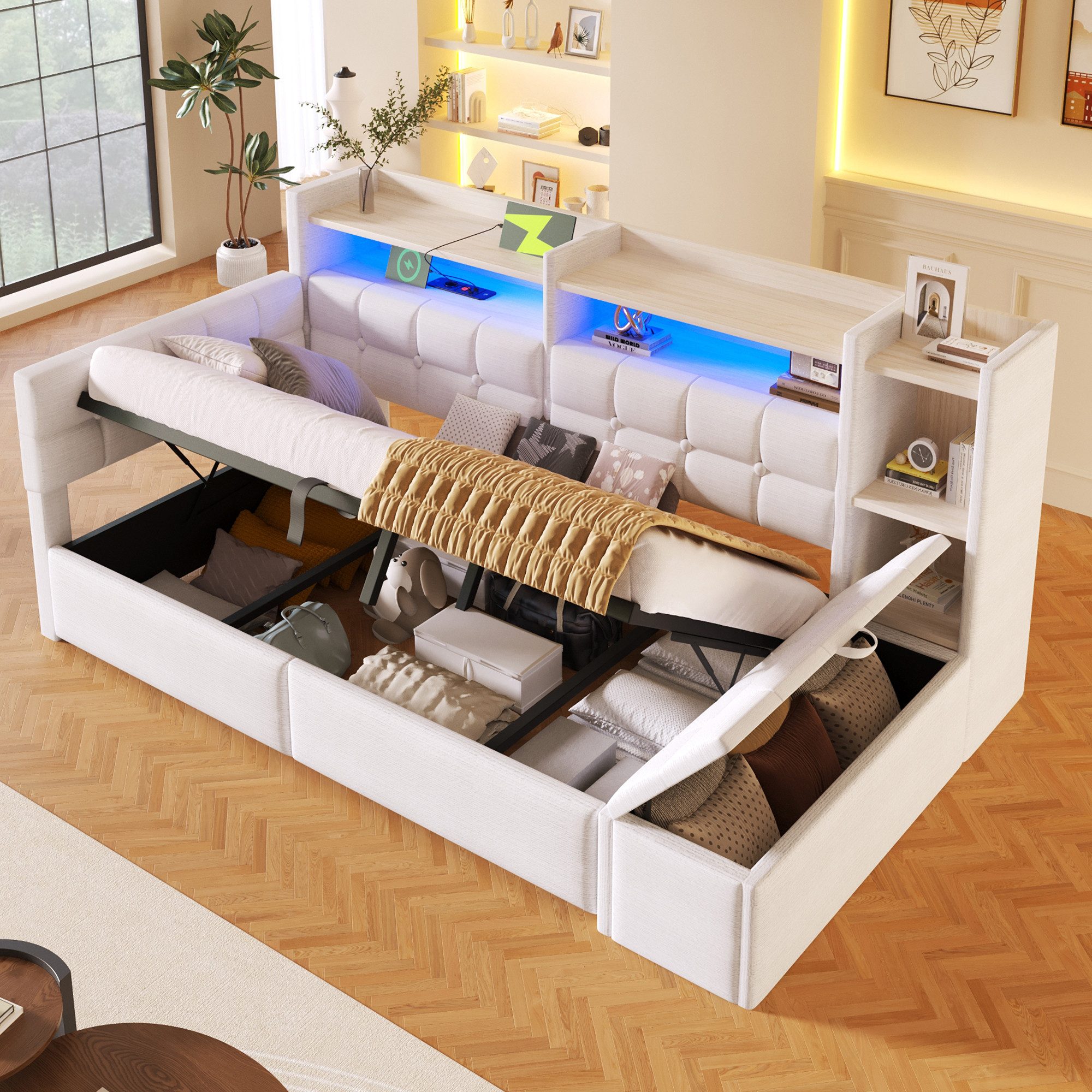 Merax Daybett mit LED Lichtleiste, USB, Typ-C & Bettkasten, Samt (Schlafsofa Sofabett Jugendbett Kinderbett Einzelbett, 1 tlg), Tagesbett 90x200cm mit hydraulischem Stauraum,Ablagefach,Stauraumbank