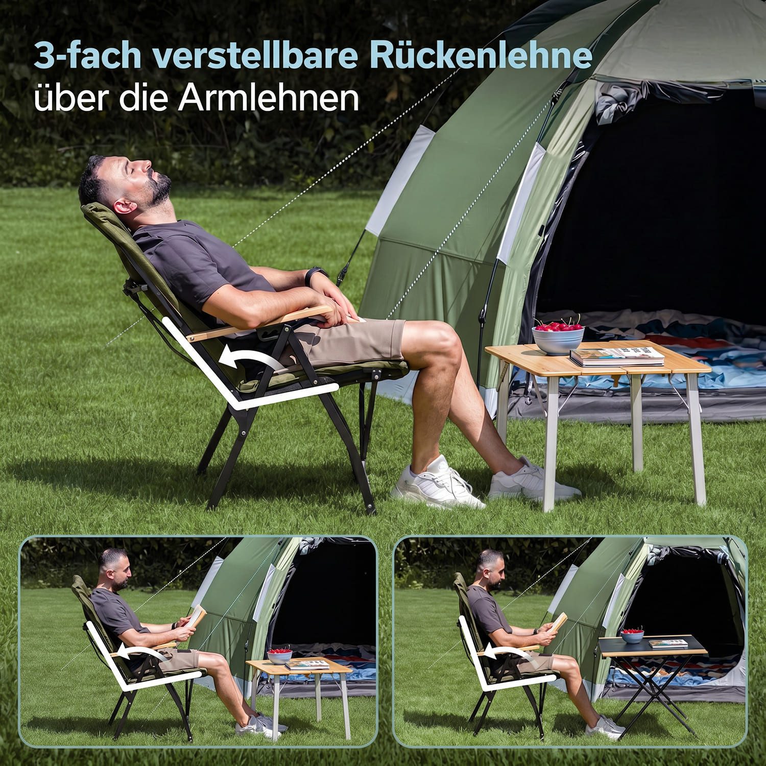 Skandika Campingstuhl Nojata, faltbar, 3-Fach verstellbare Rückenlehne, Tragetasche (Max. Benutzergewicht 120 kg, Material Armlehnen: Buchenholz), Sitzhöhe 43 cm, 5,2 kg leicht, Sitzfläche 50 x 50 cm, Anti-Rutsch-Füße